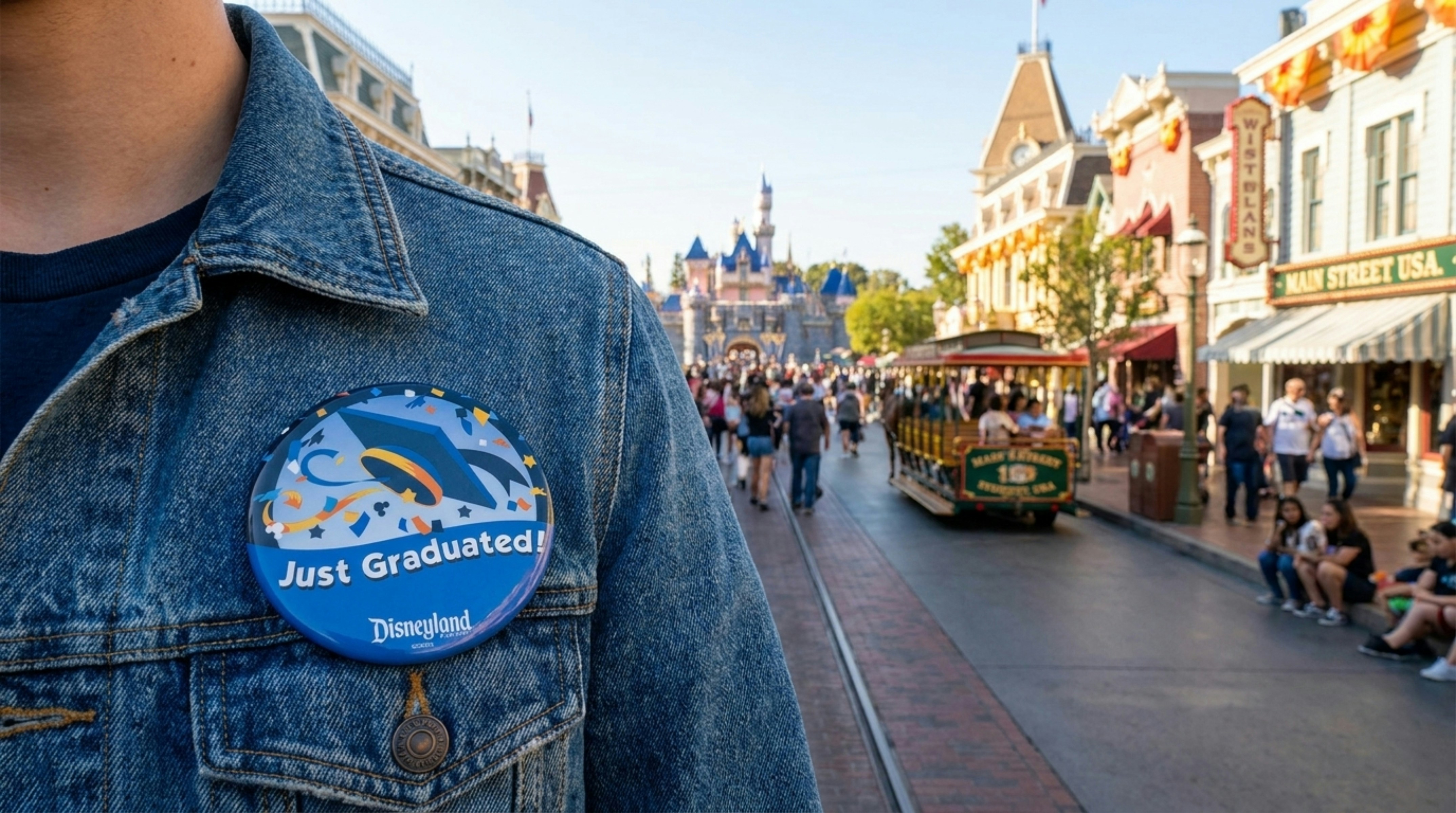 Blue 'just graduated' button on denim jacket at disneyland.
