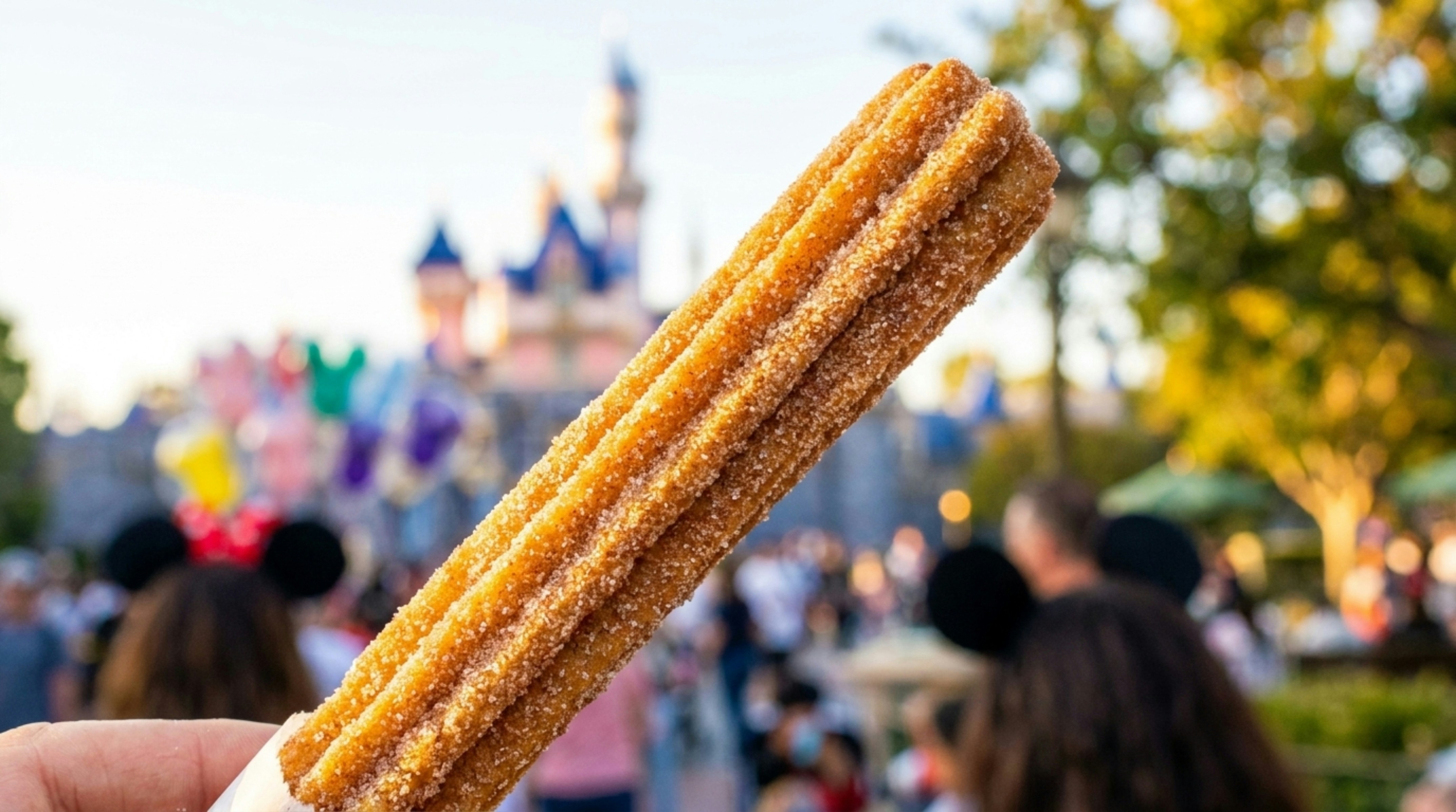 A churro held against a blurred castle and theme park.