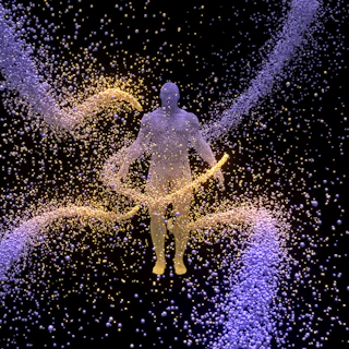 Translucent human figure surrounded by swirling purple and yellow particles