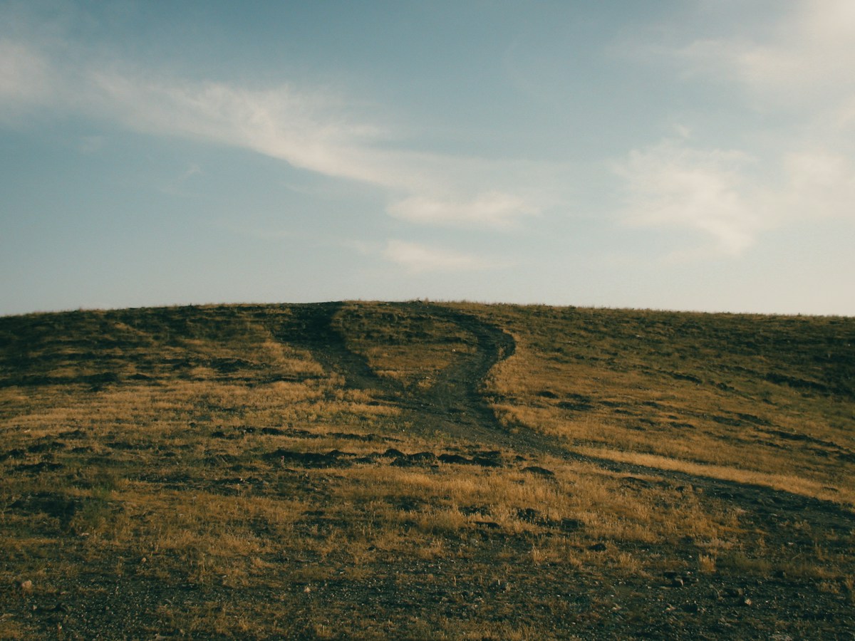 Two dirt paths diverging on a dry grassy hill, representing choices and the causes we set in motion