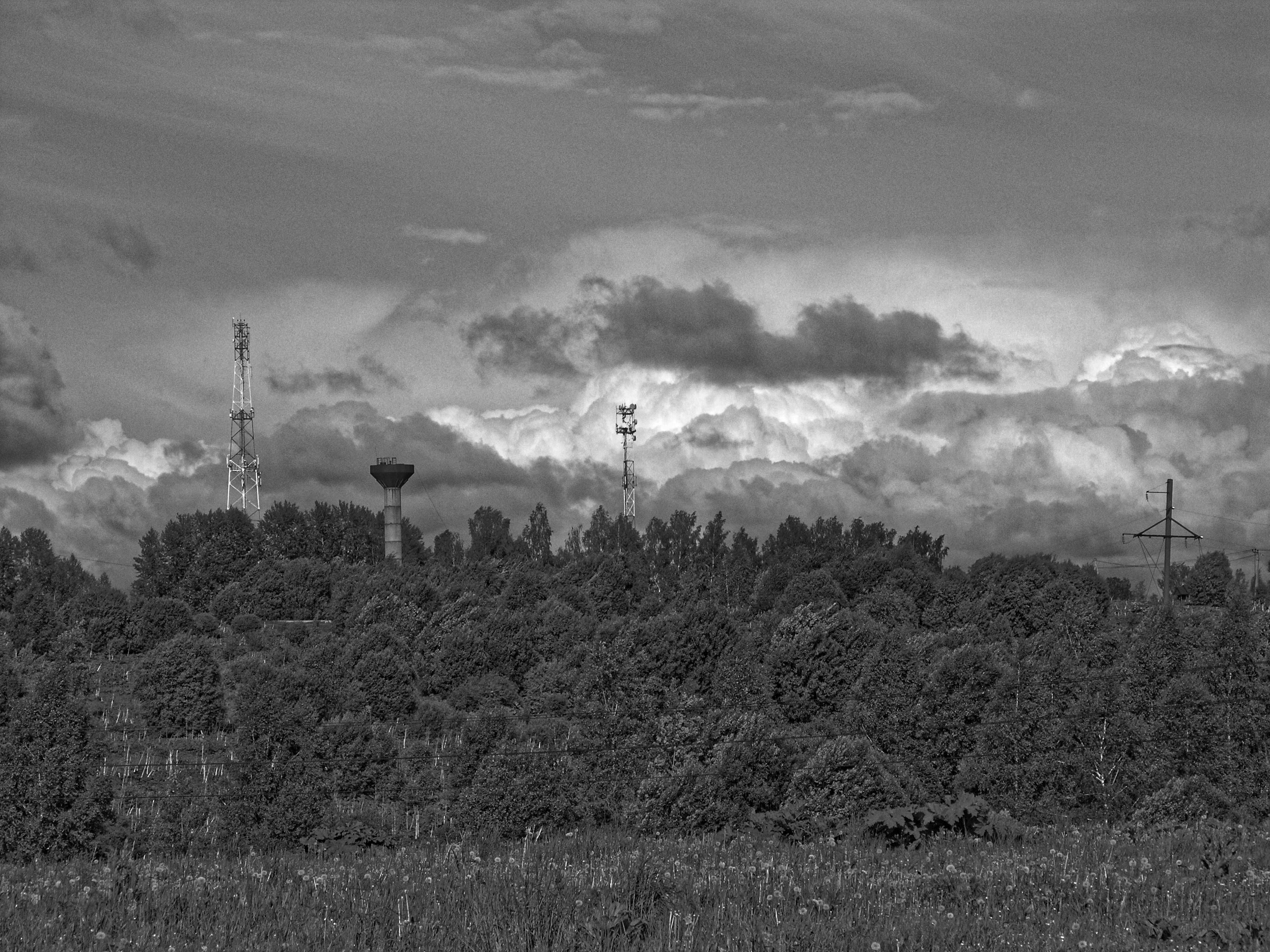 Monochromatic landscape featuring forest, communication towers, and dramatic clouds.