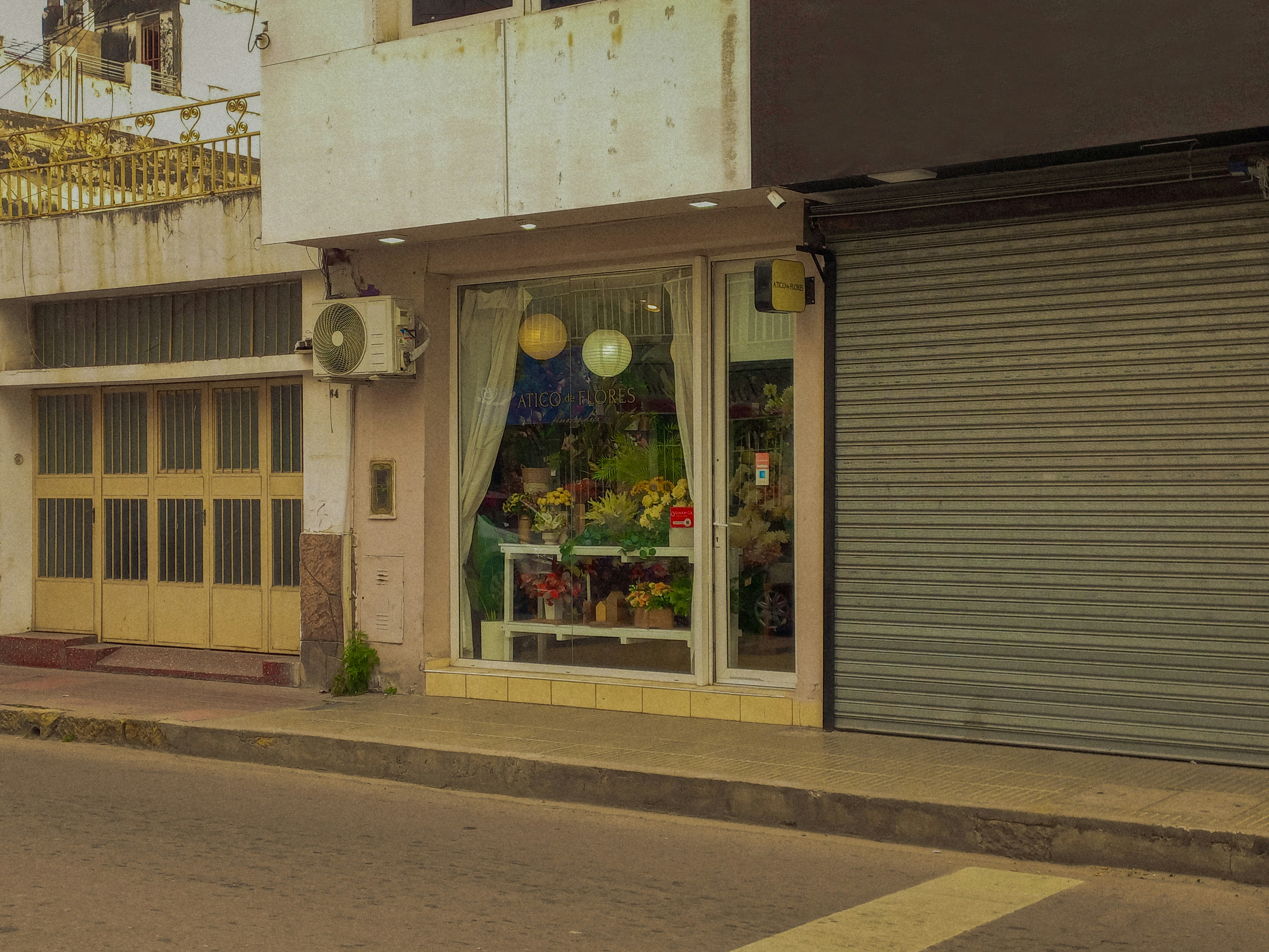 Storefront with a display window and closed shutter.