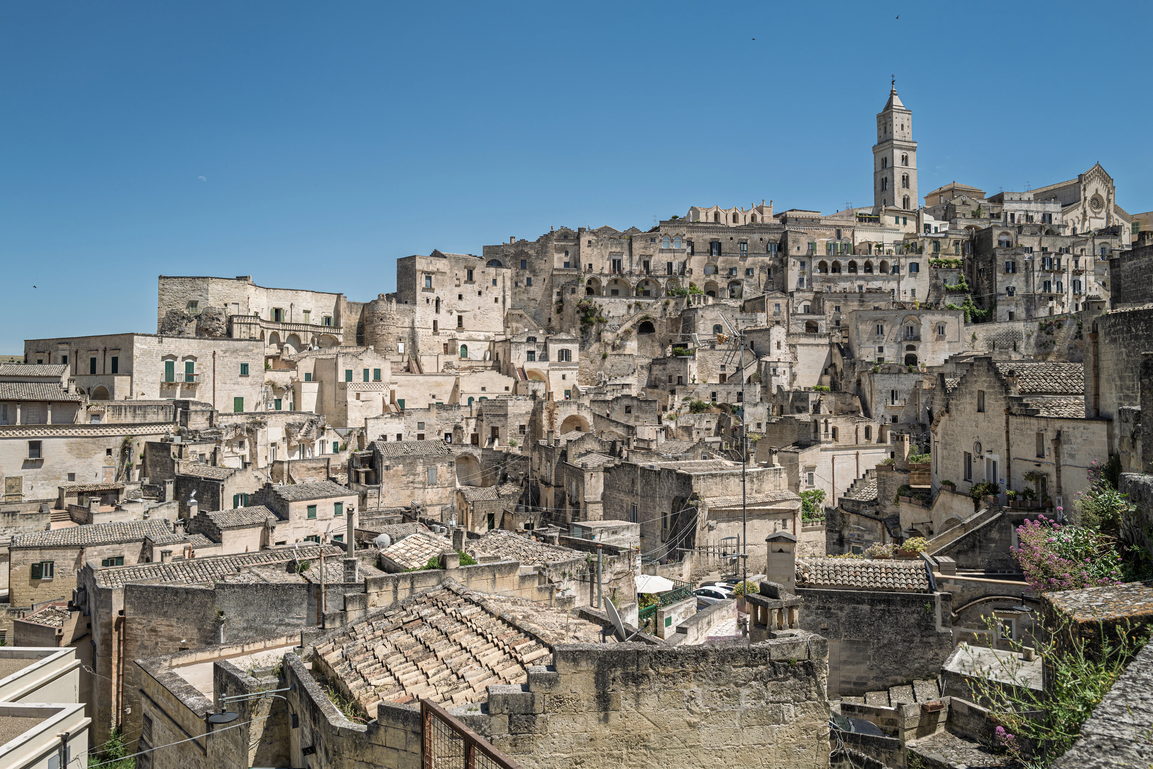 Matera's sassi in pale limestone, the cathedral standing at the top of the old town