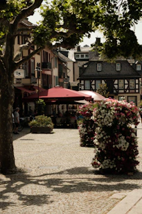 Plaza del pueblo empedrada con edificios, sombrillas de cafetería y flores coloridas.