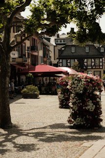 Plaza del pueblo empedrada con edificios, sombrillas de cafetería y flores coloridas.
