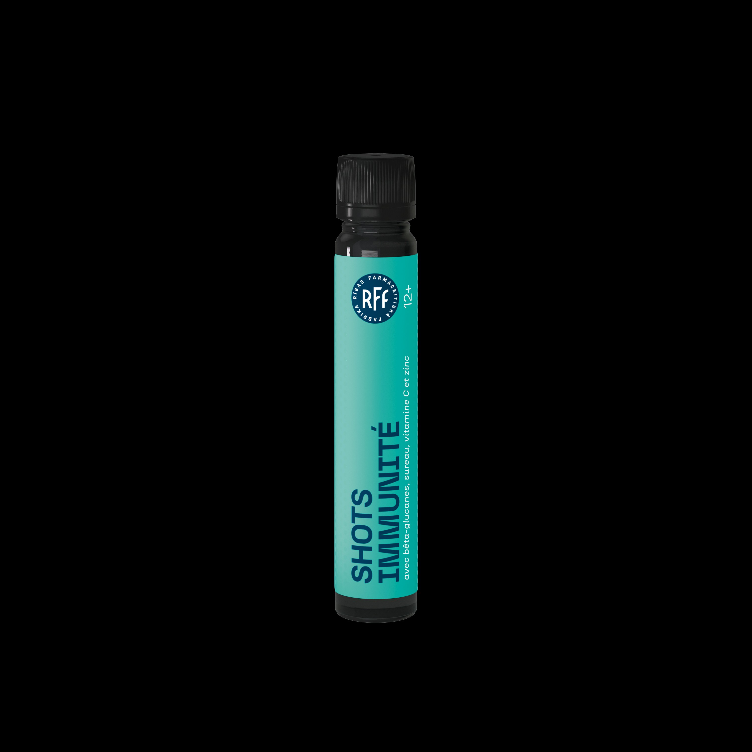 Teal bottle with "shots immunité" label and black cap.