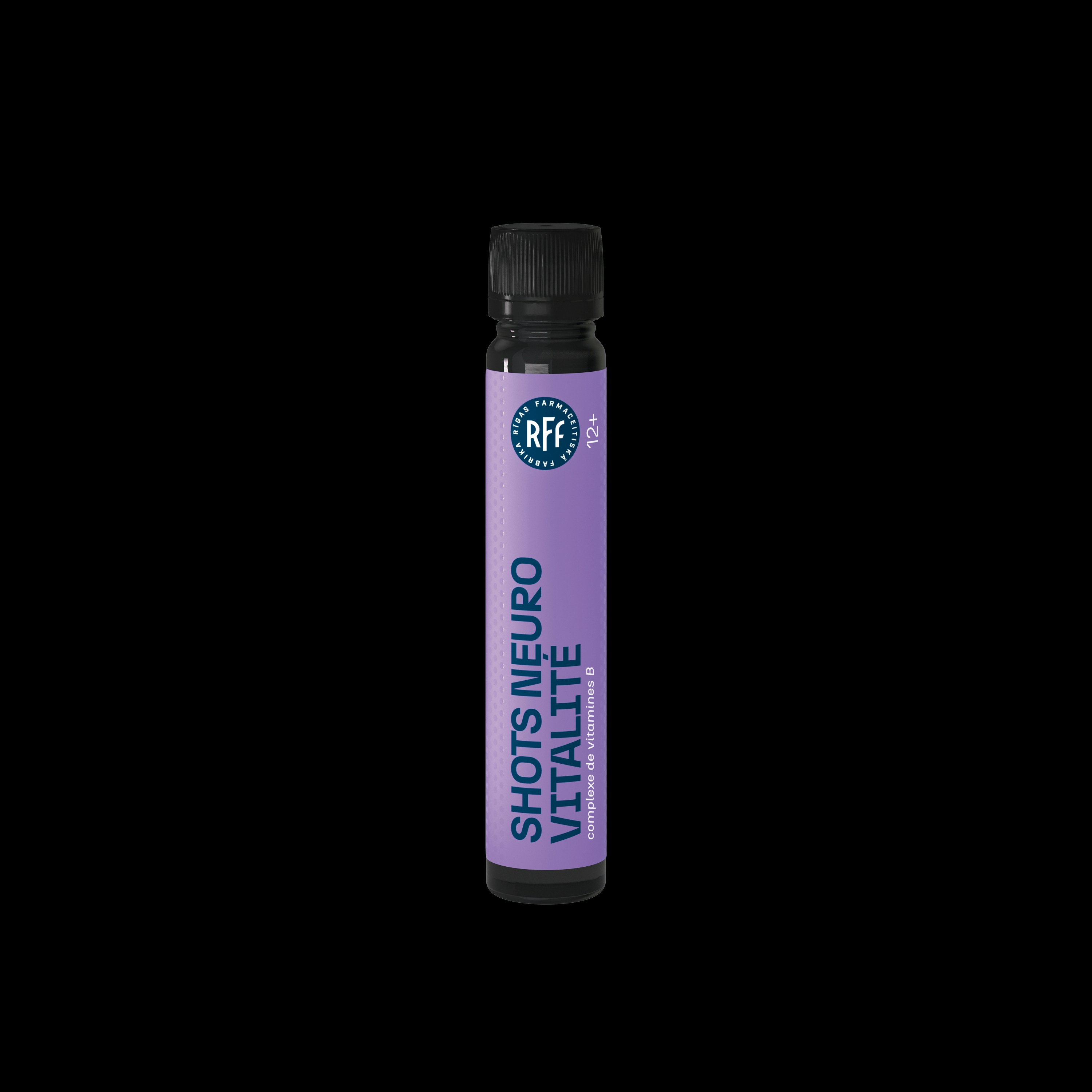 A purple bottle labeled "shots neuro vitalite" on black background.
