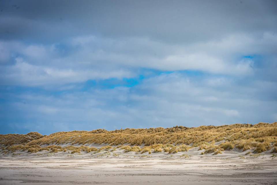 Duinenrij en zandstrand onder een blauwe, winderige hemel