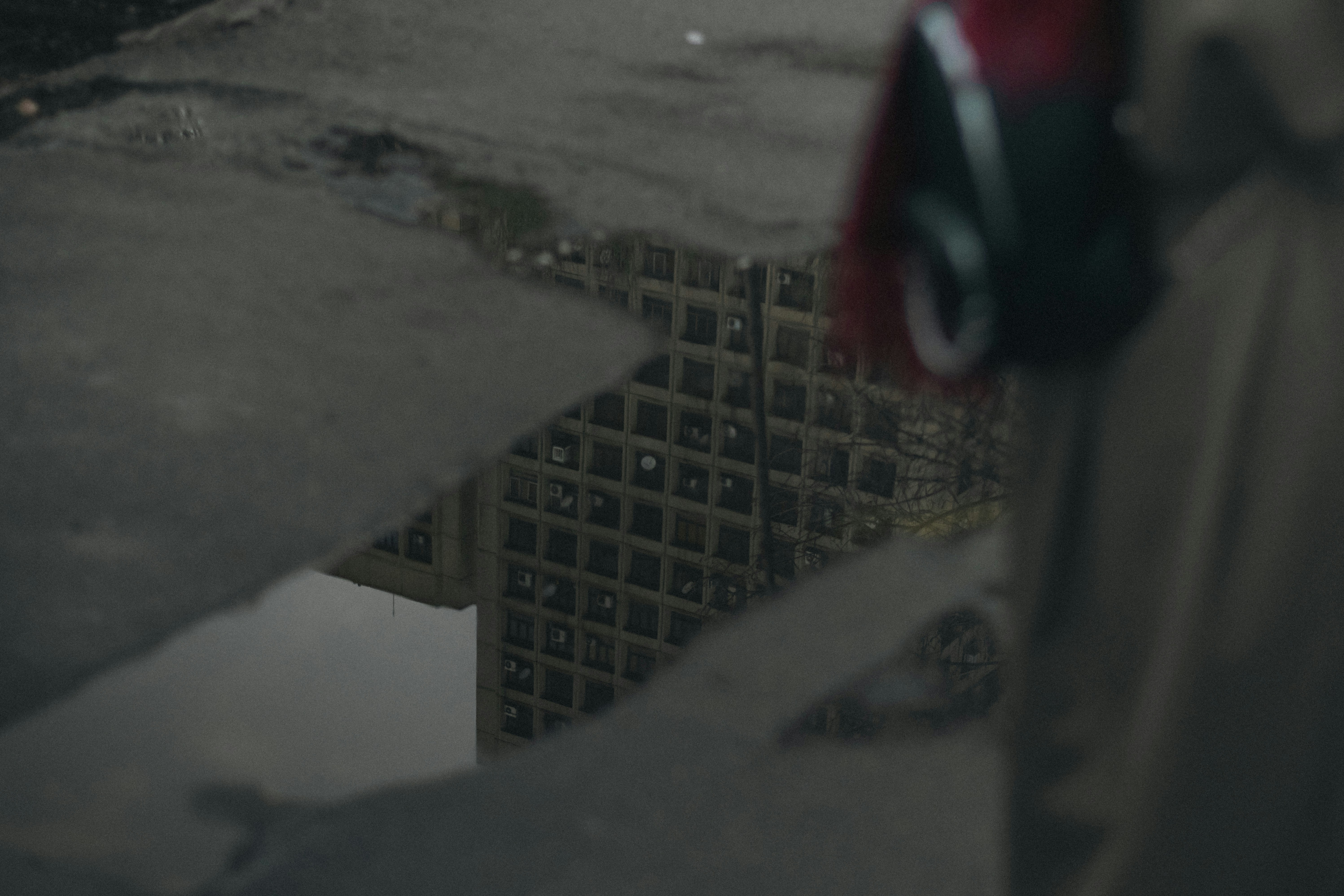 A puddle reflects a patterned wall and a person's leg