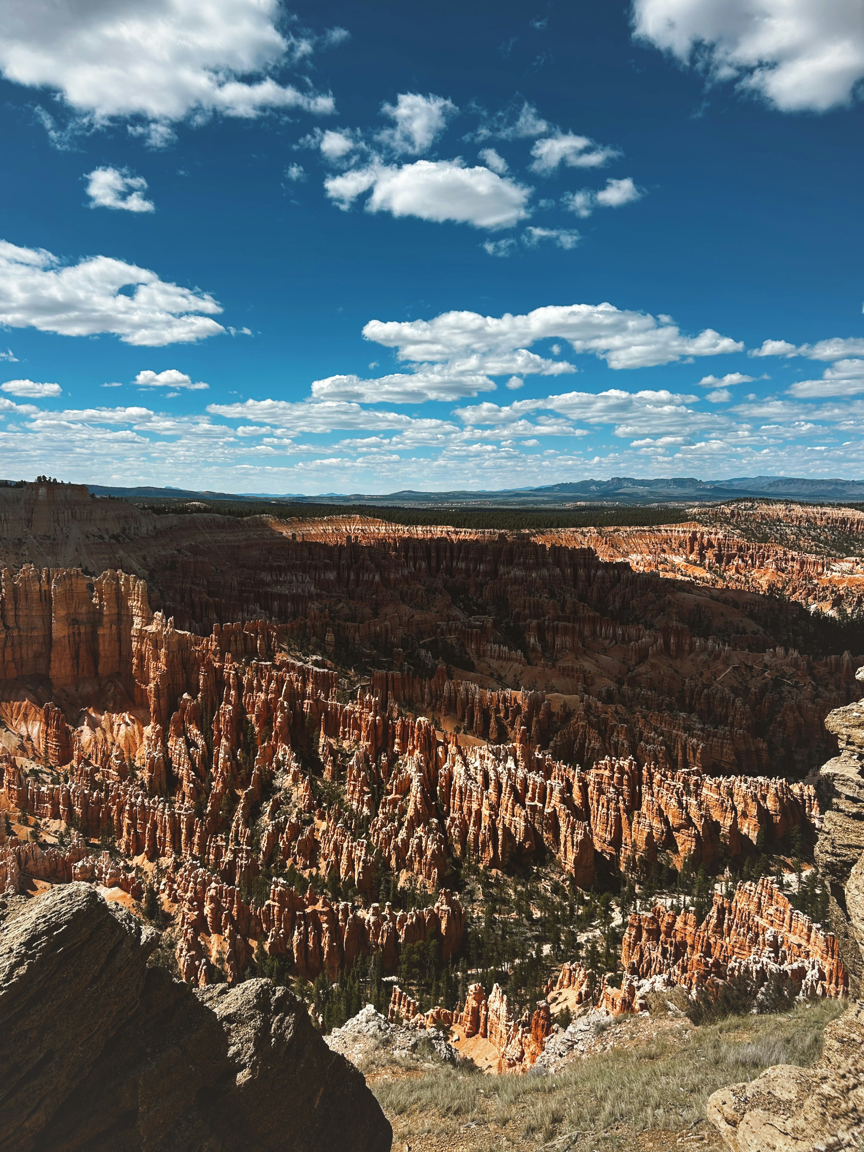 Bryce canyon's hoodoos under a vibrant blue sky with clouds