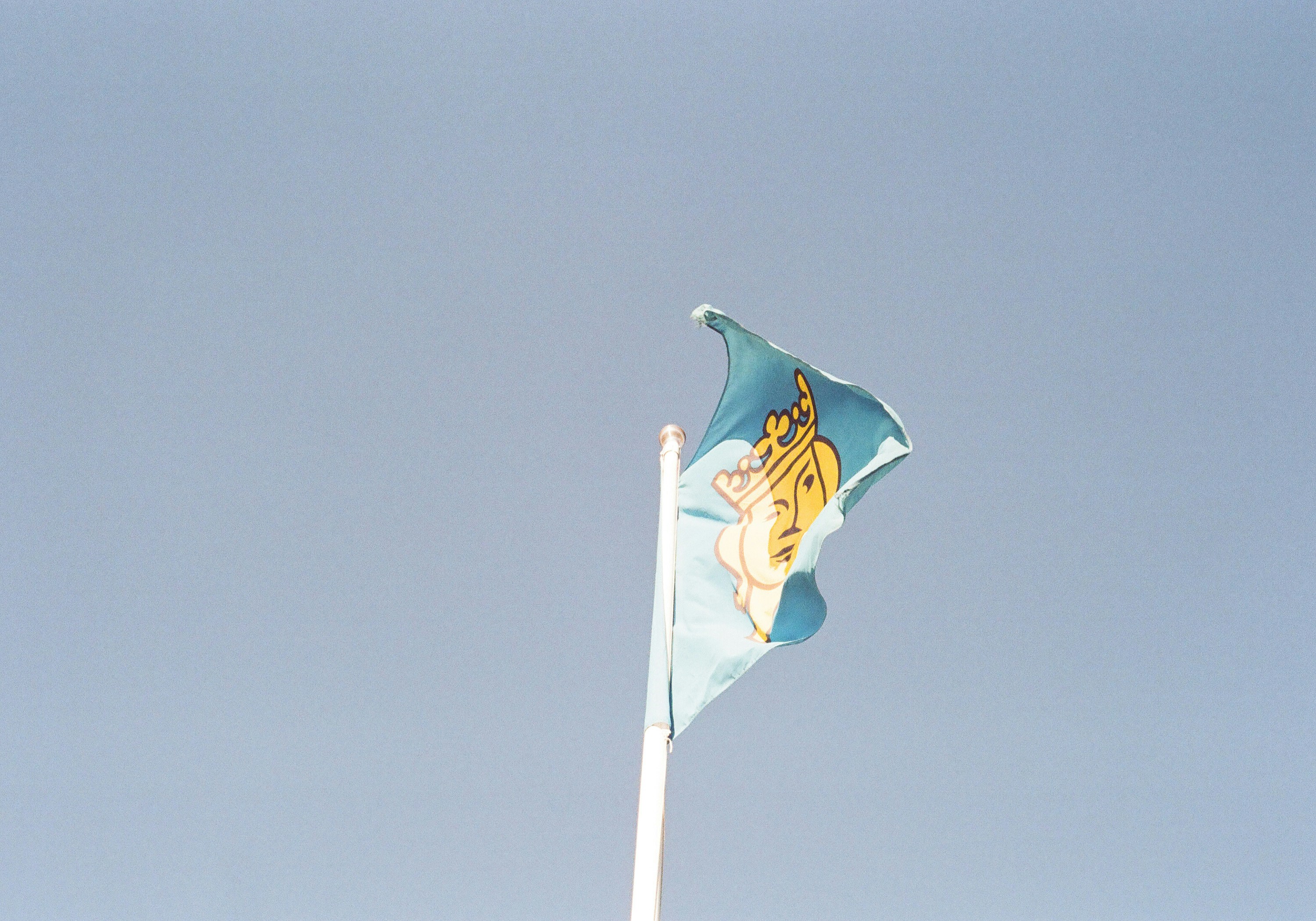 Blaue Fahne mit goldenem Emblem, das gegen einen klaren Himmel weht