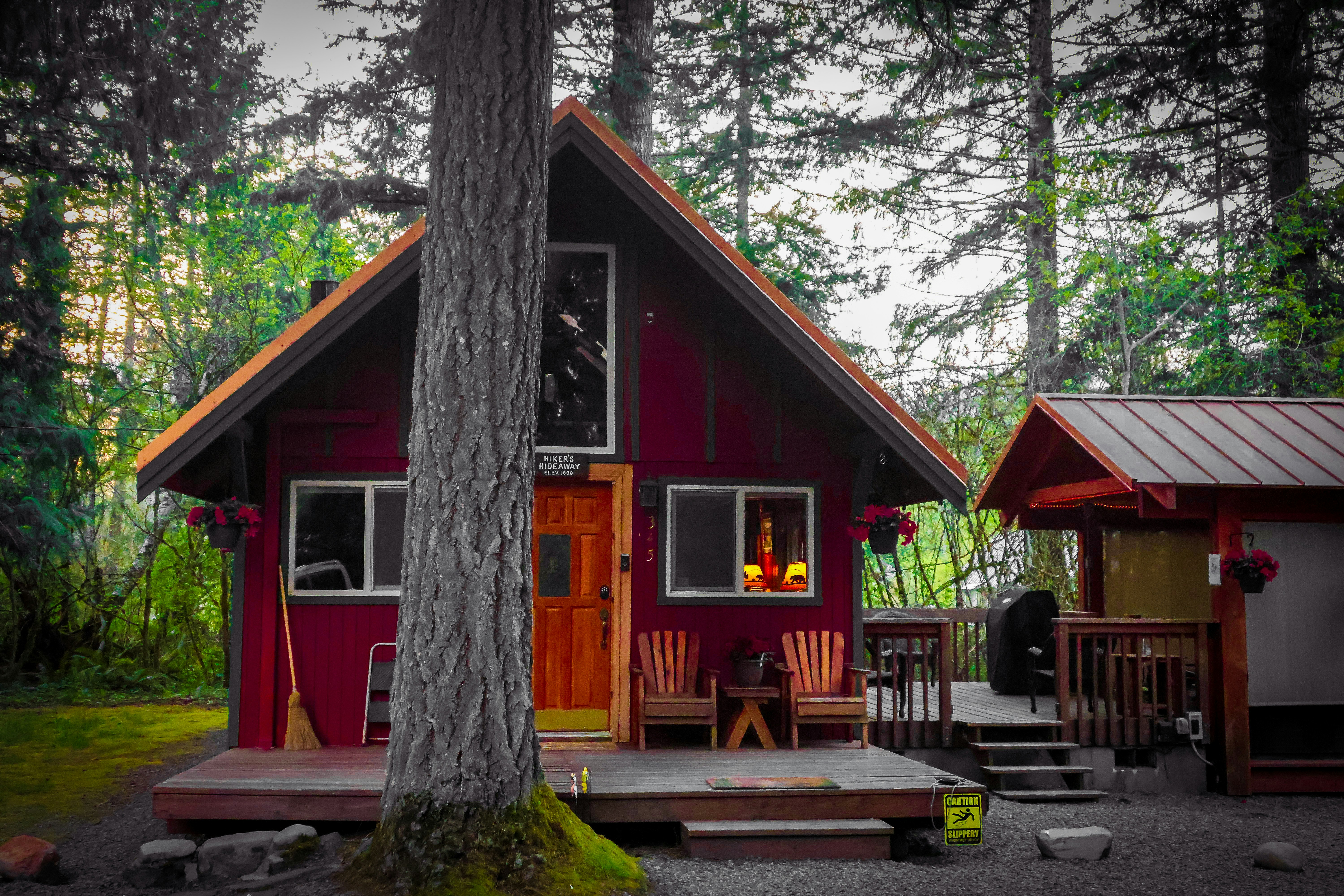 A red cabin nestled among trees with a small shed.