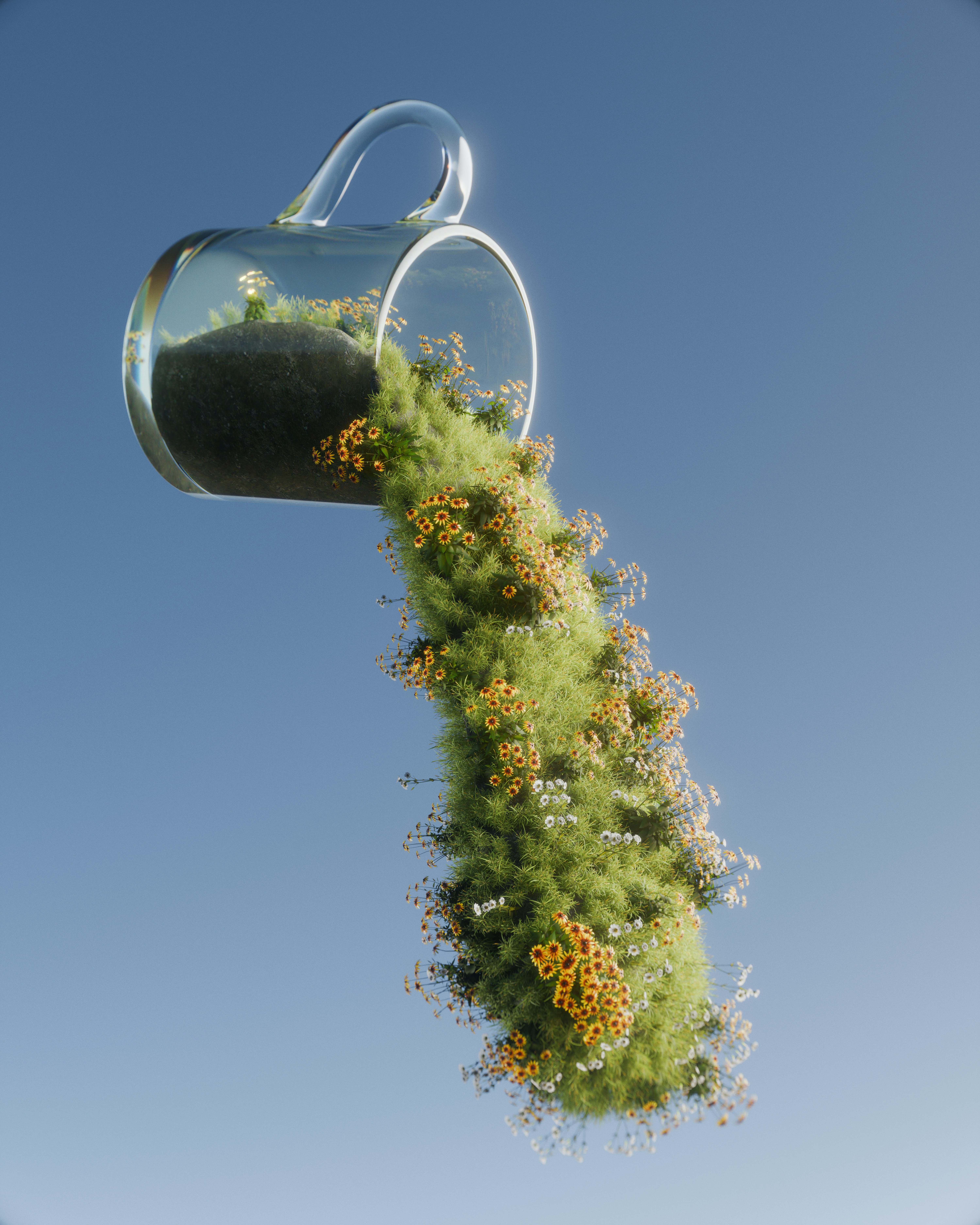 Floating glass cup spills vibrant green grass and wildflowers.