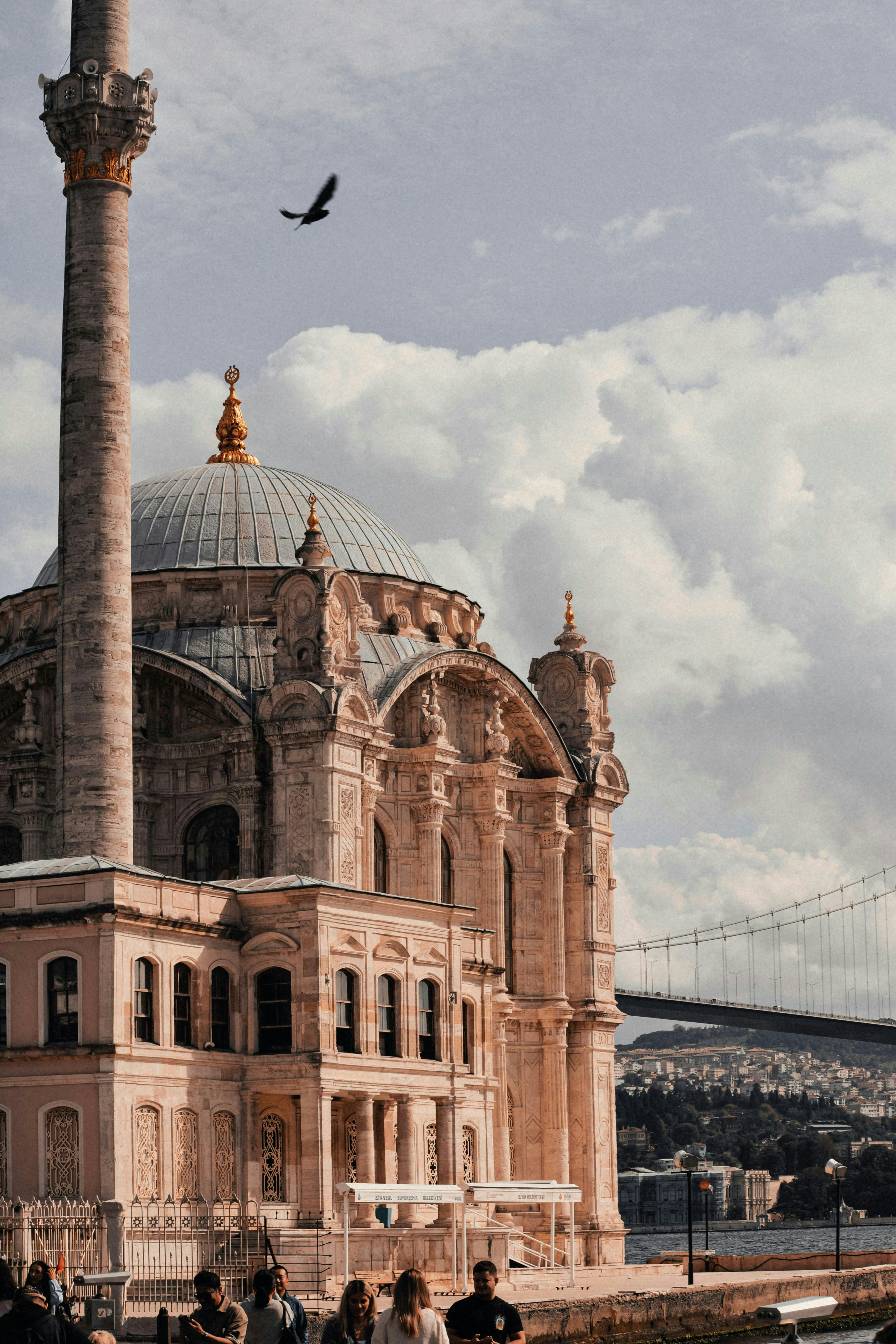 Ortaköy mosque with bosphorus bridge and a bird flying overhead