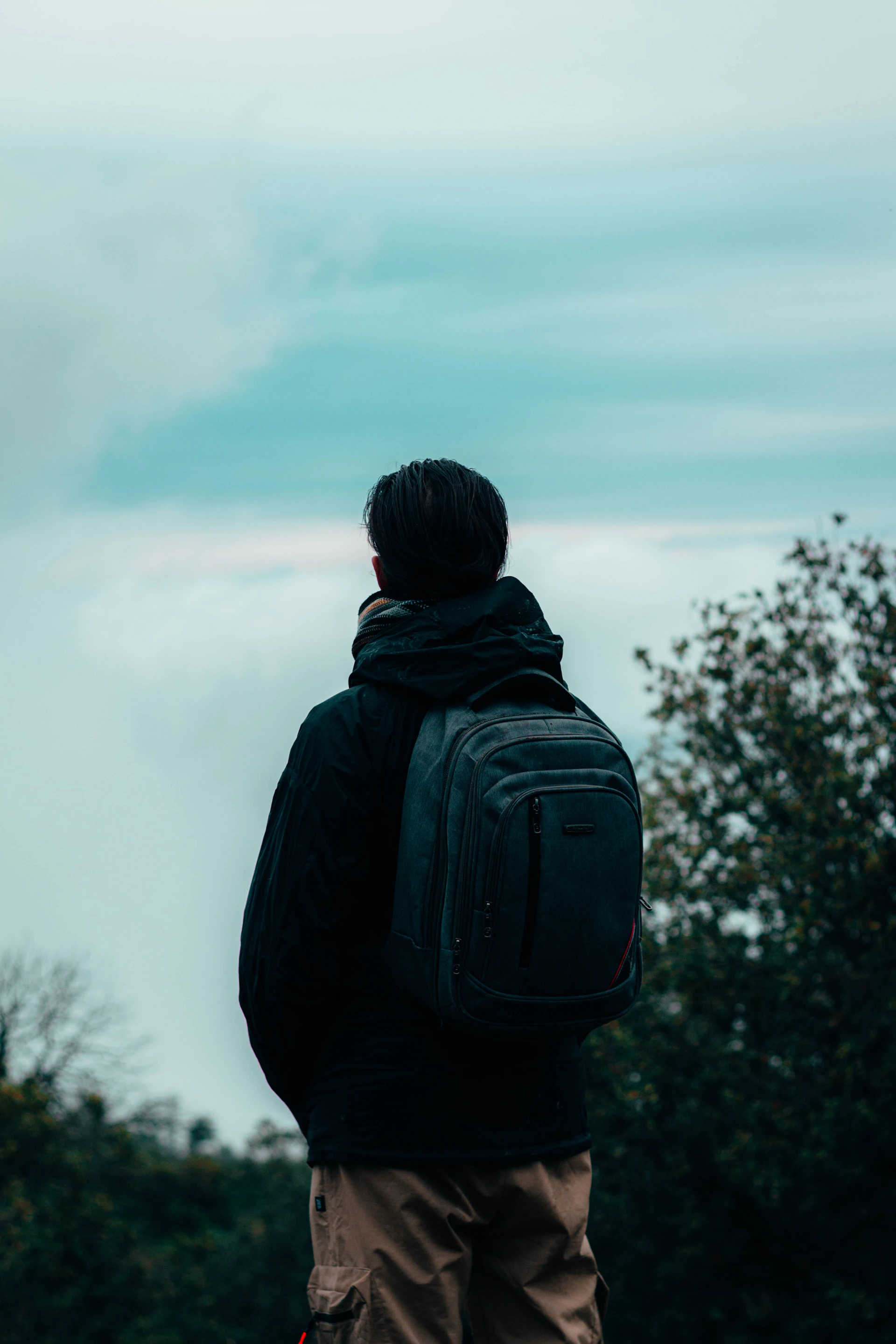 Person with a backpack looks out at the cloudy sky.