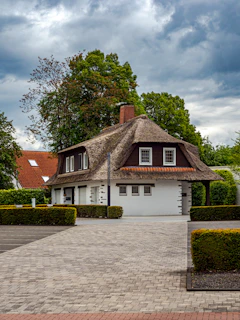 A white house with a thatched roof and paved driveway.