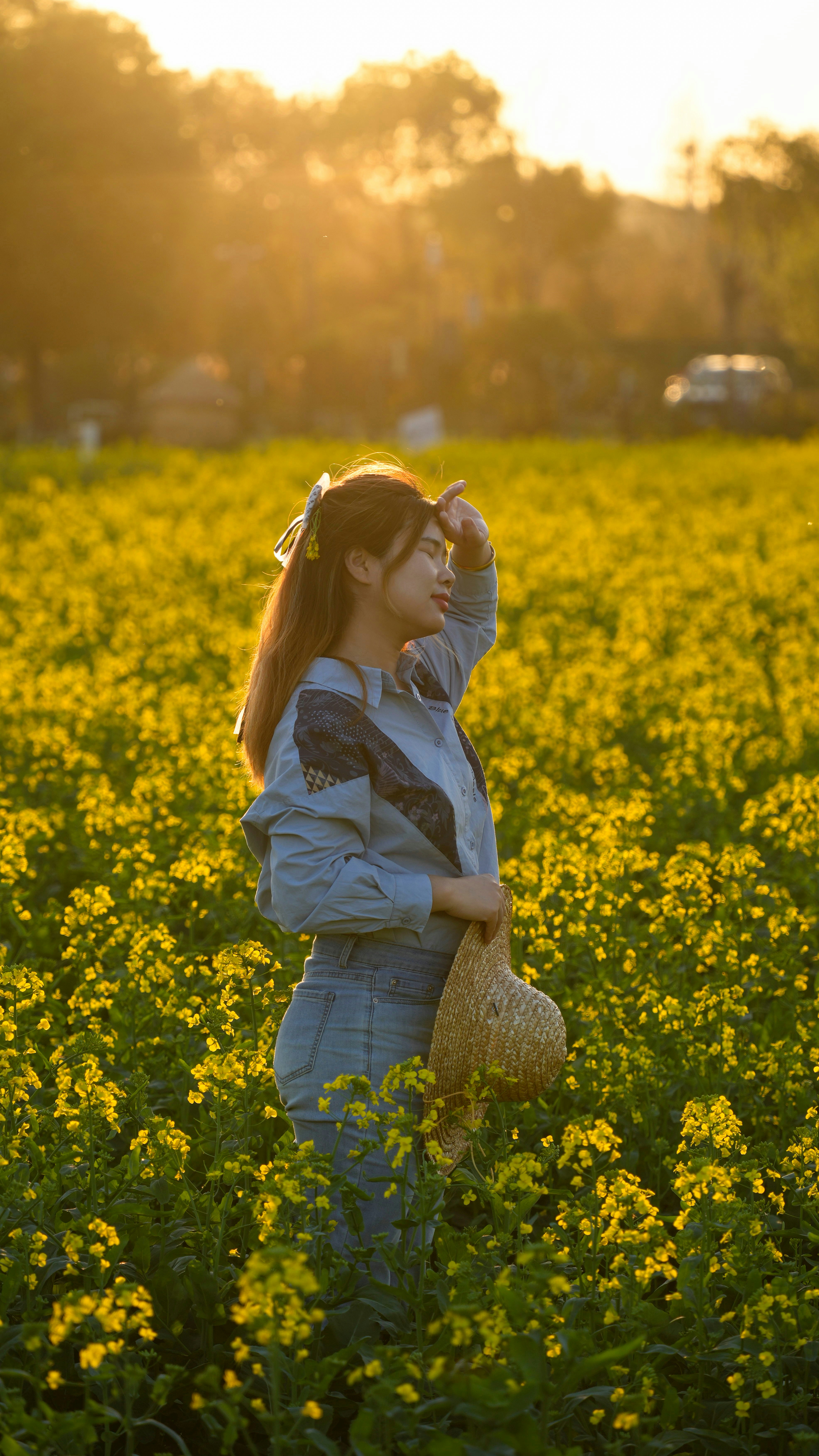 Young woman in a field of yellow flowers at sunset.