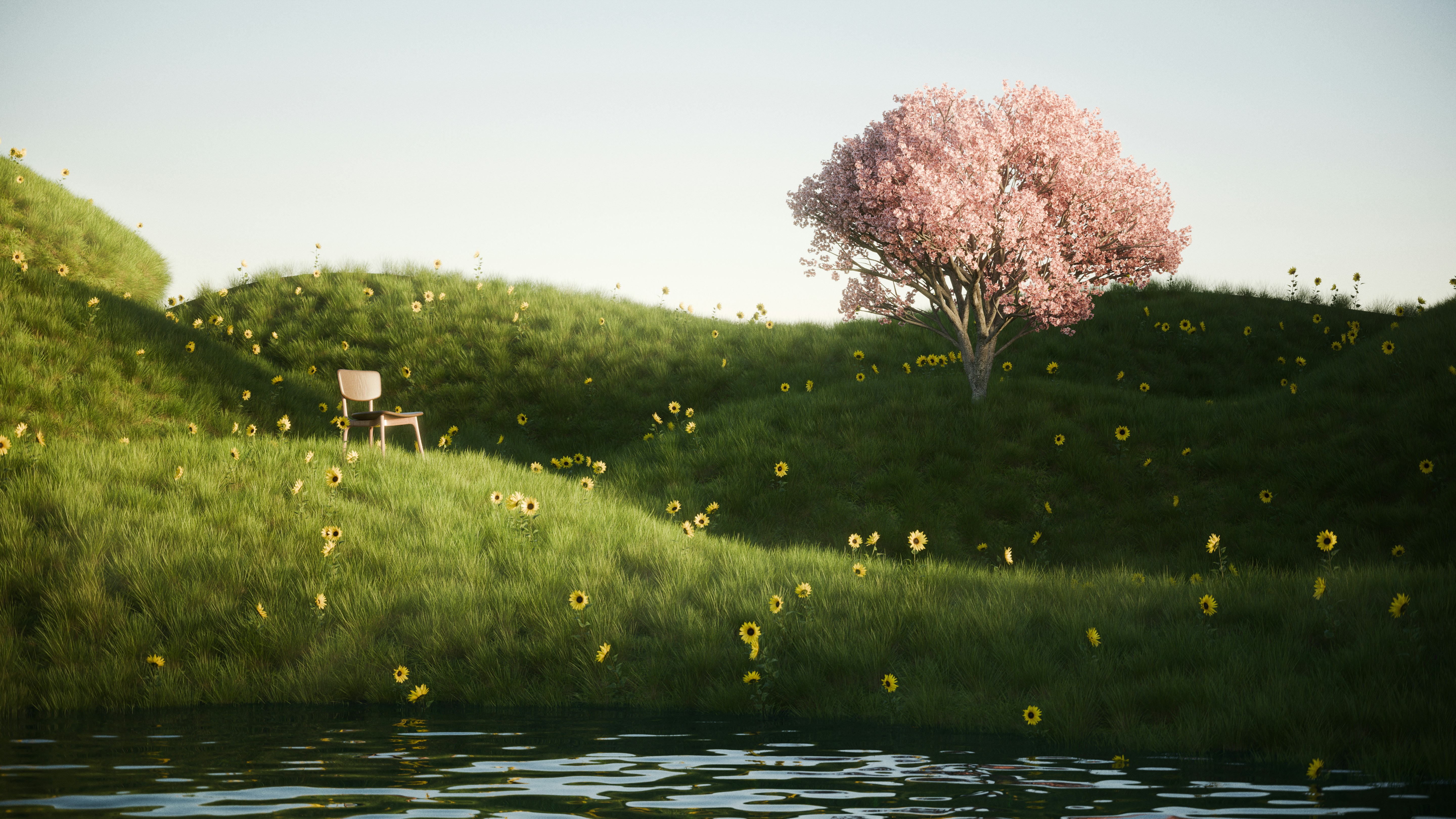 A tranquil scene with a chair, blooming tree, and water.