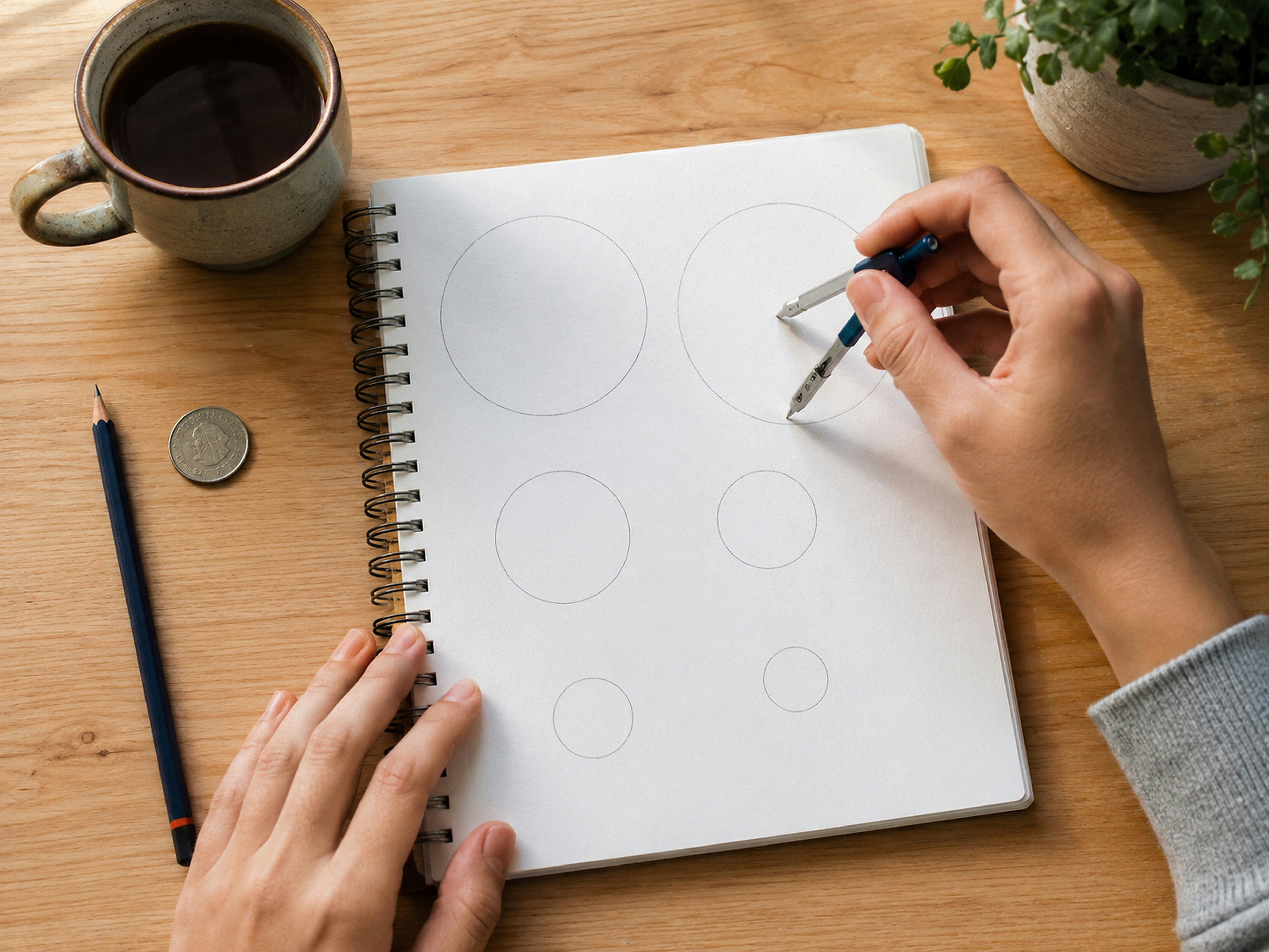 Hands drawing circles with a compass on a notebook.