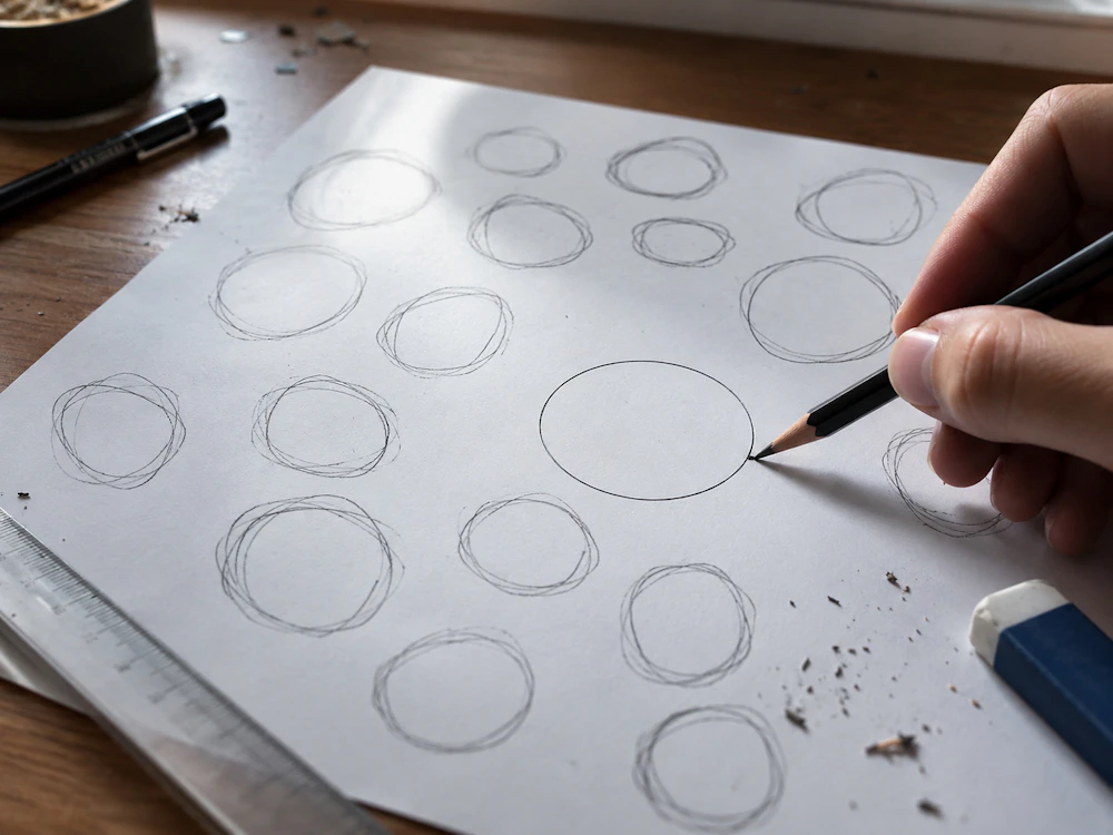 Pencil sketches of ring profiles on a white design pad