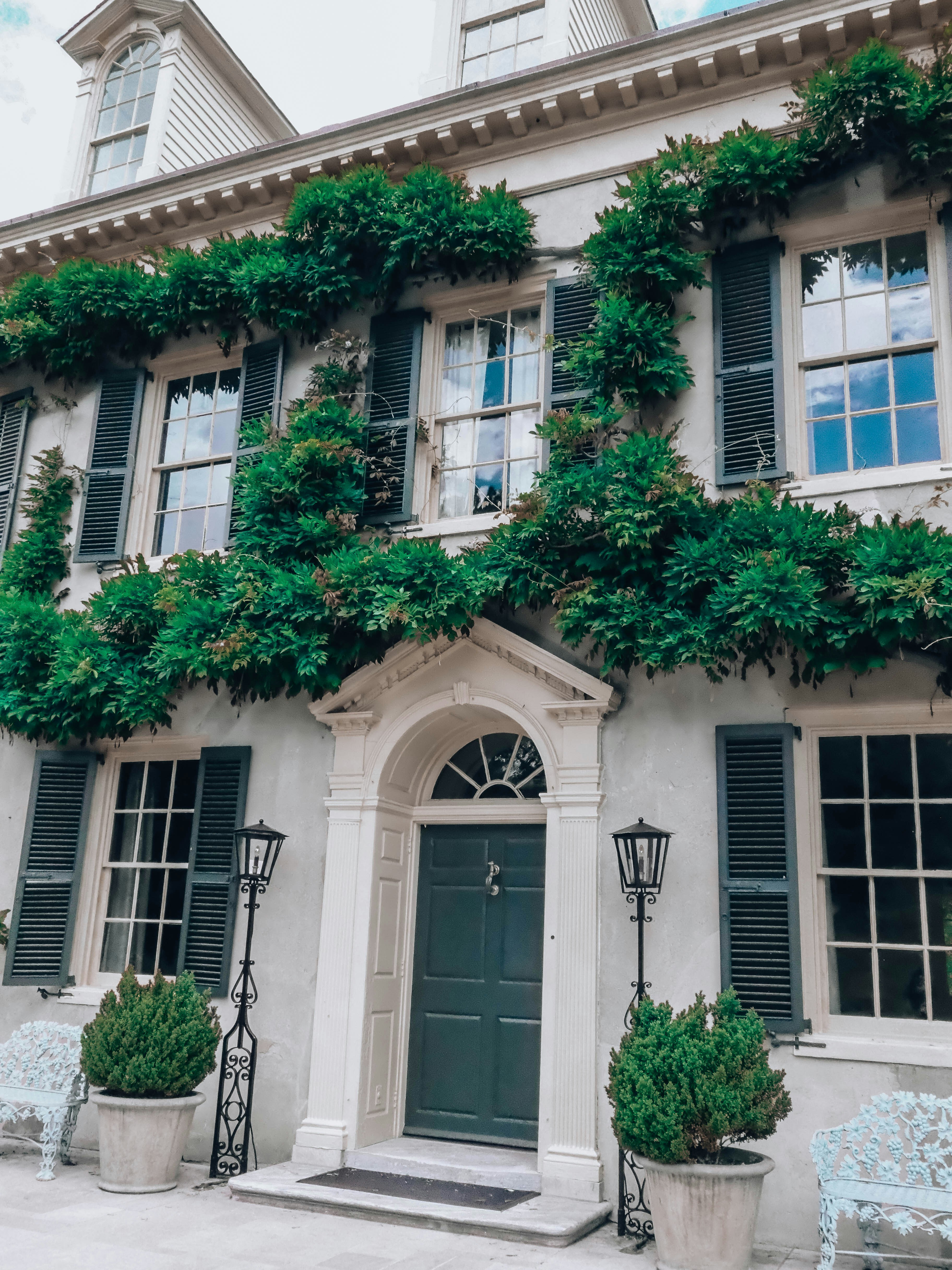 Elegant house facade with green vines and dark shutters