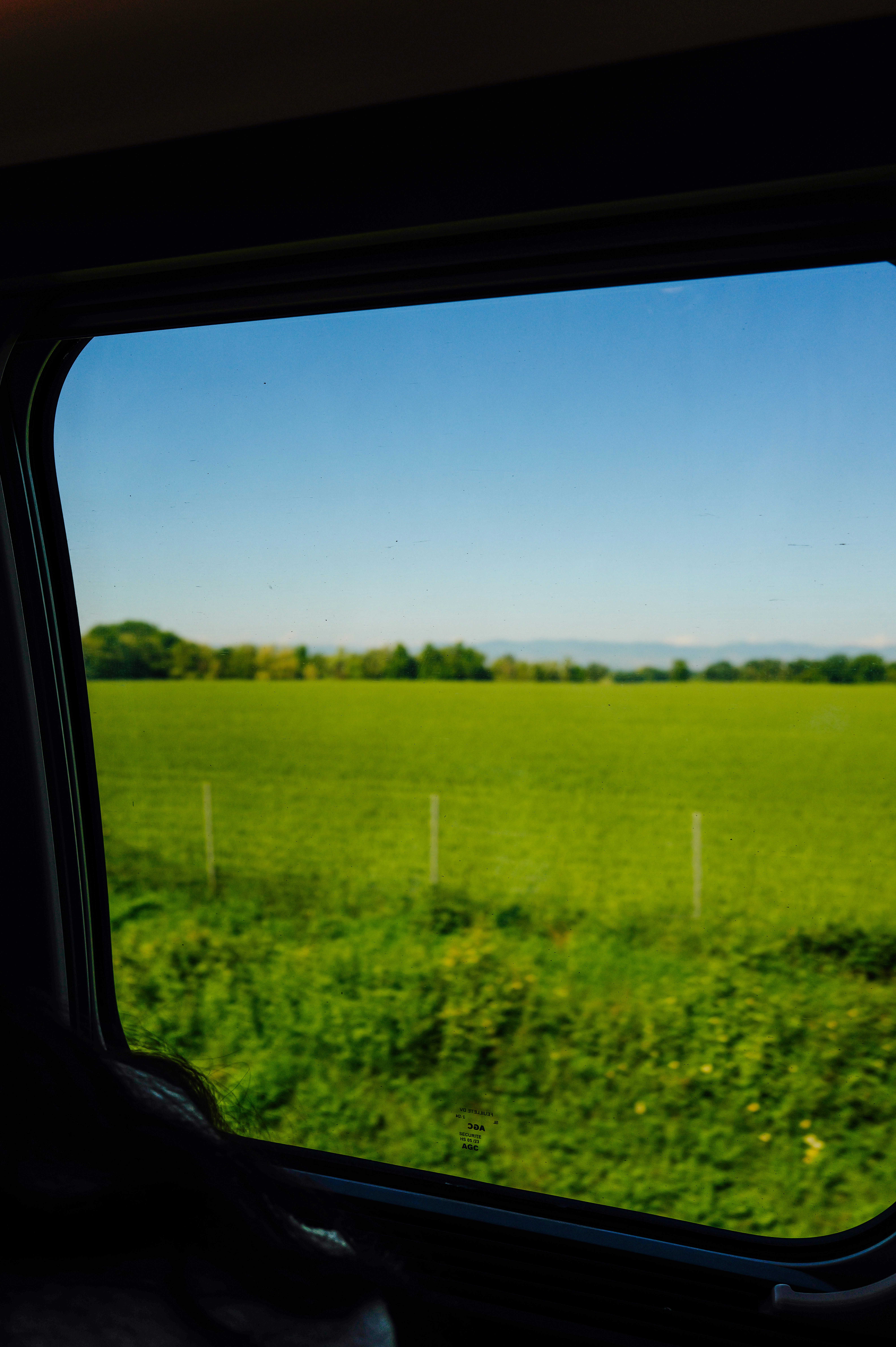 Green field and blue sky seen through a vehicle window.