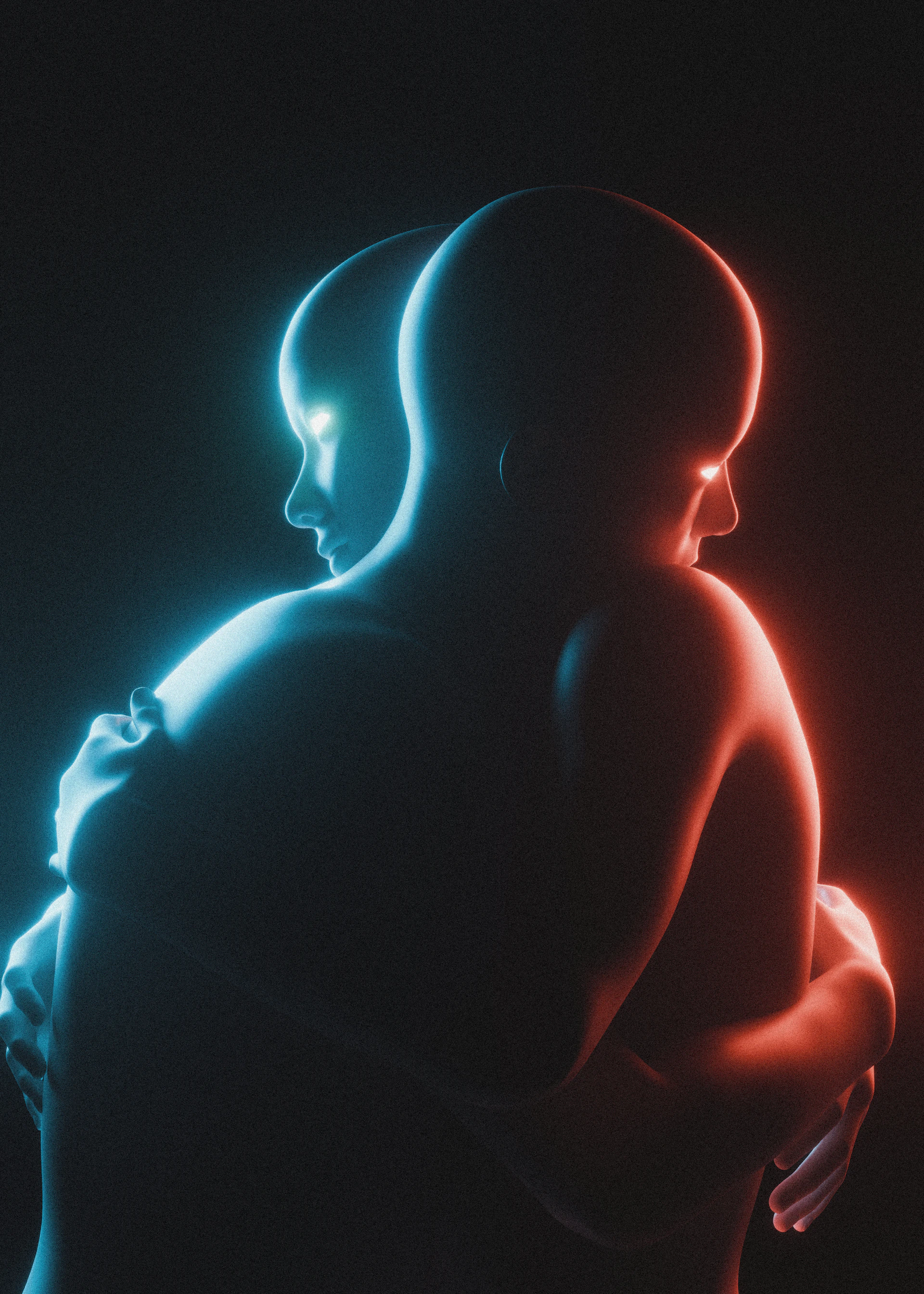 Two glowing figures embrace in a dark space