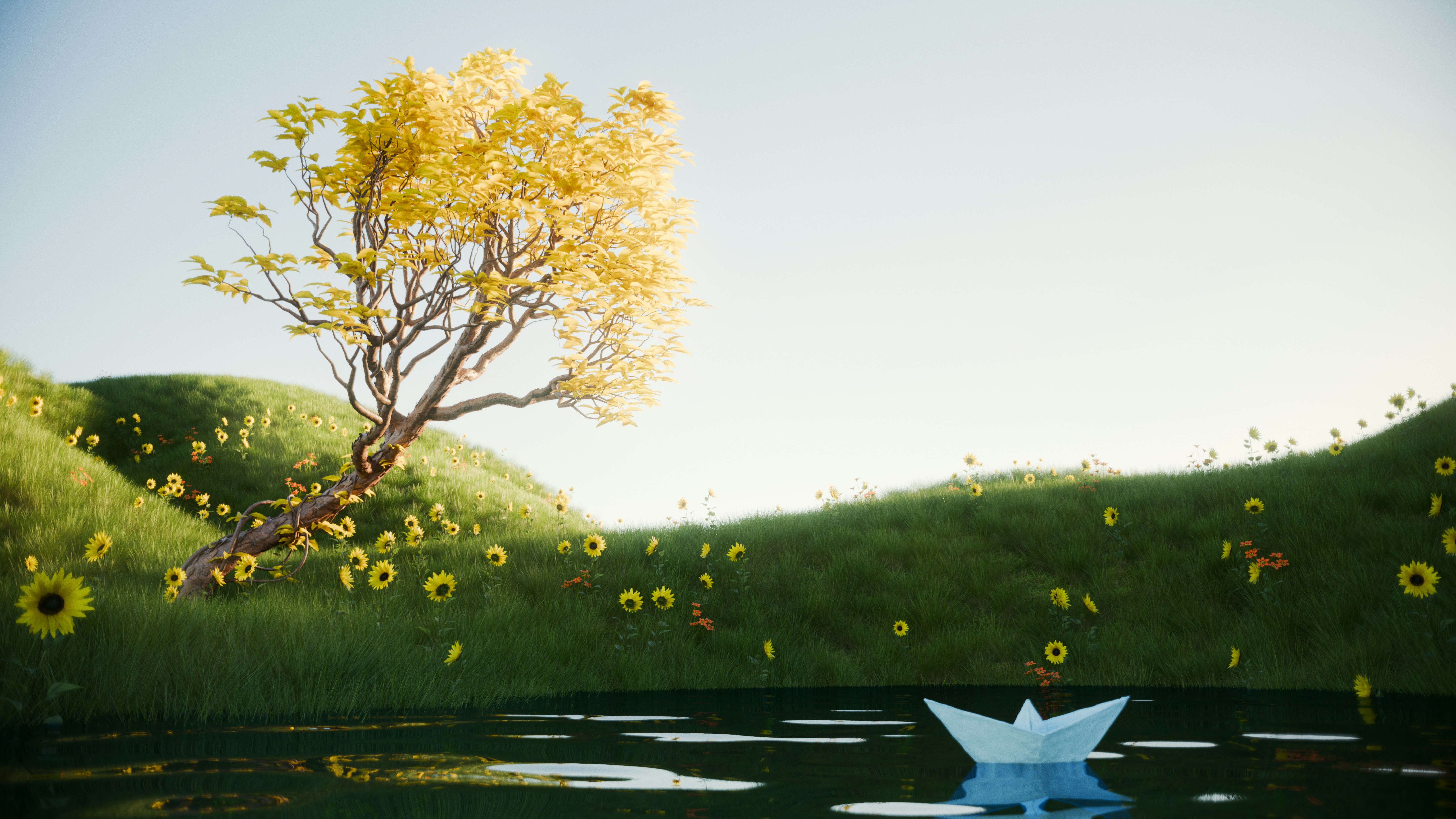 Paper boat on water, green hills, yellow tree, and sunflowers.
