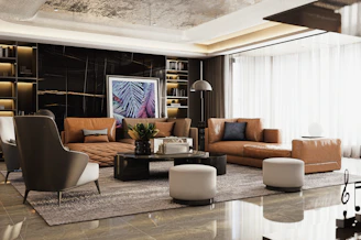 Elegant living room with brown leather furniture and stylish decor