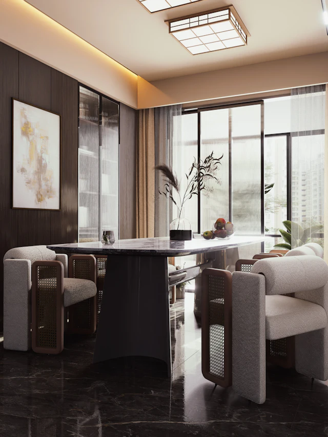 Elegant dining room featuring a dark table and unique chairs