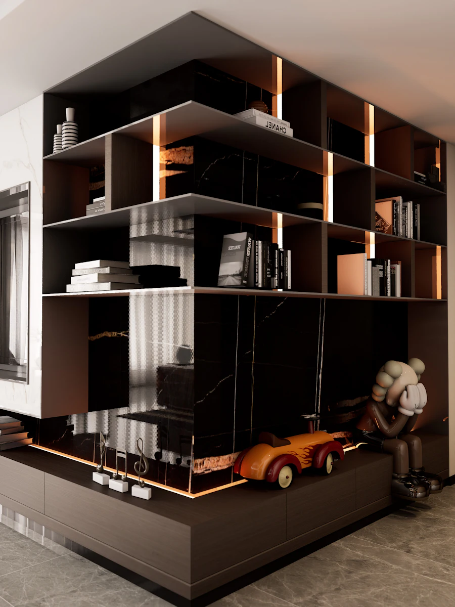 Dark shelving unit with built-in LED lighting (inspiration)