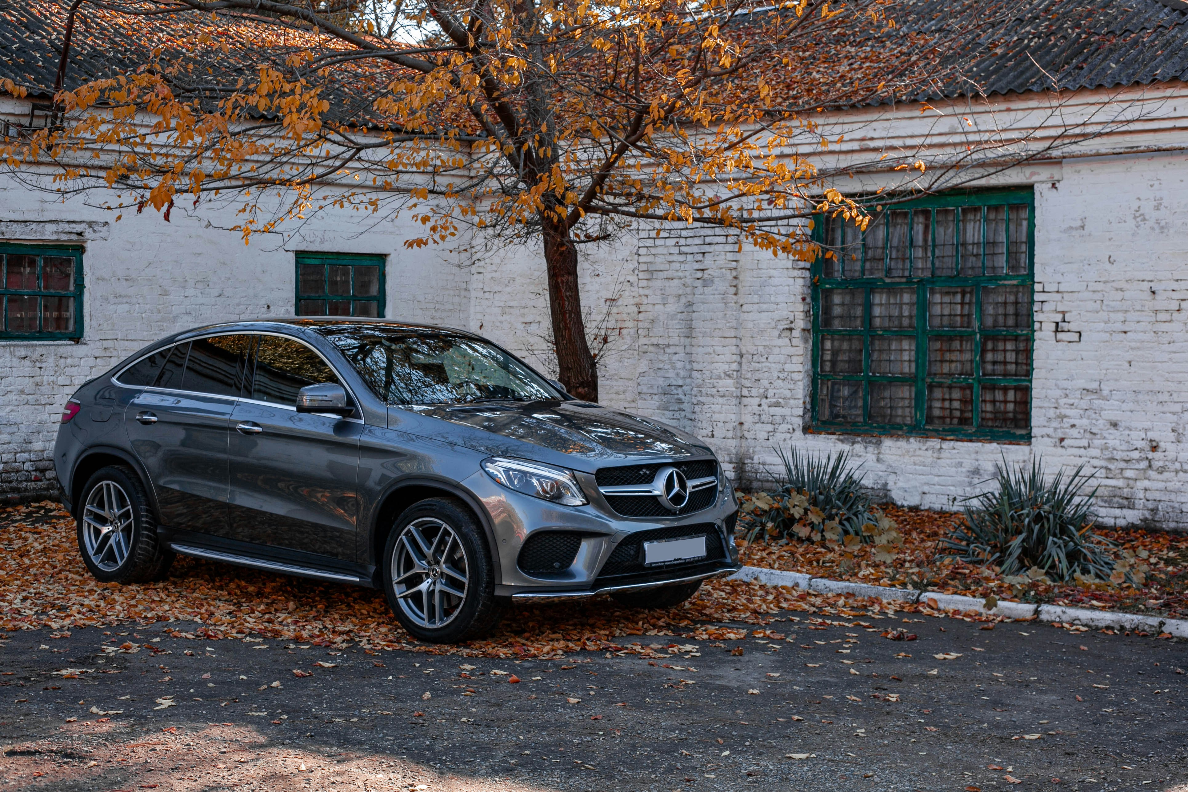 Auto grigia Mercedes-Benz parcheggiata accanto a un edificio bianco con foglie autunnali.