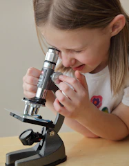 A young girl looks into a microscope, adjusting the focus.