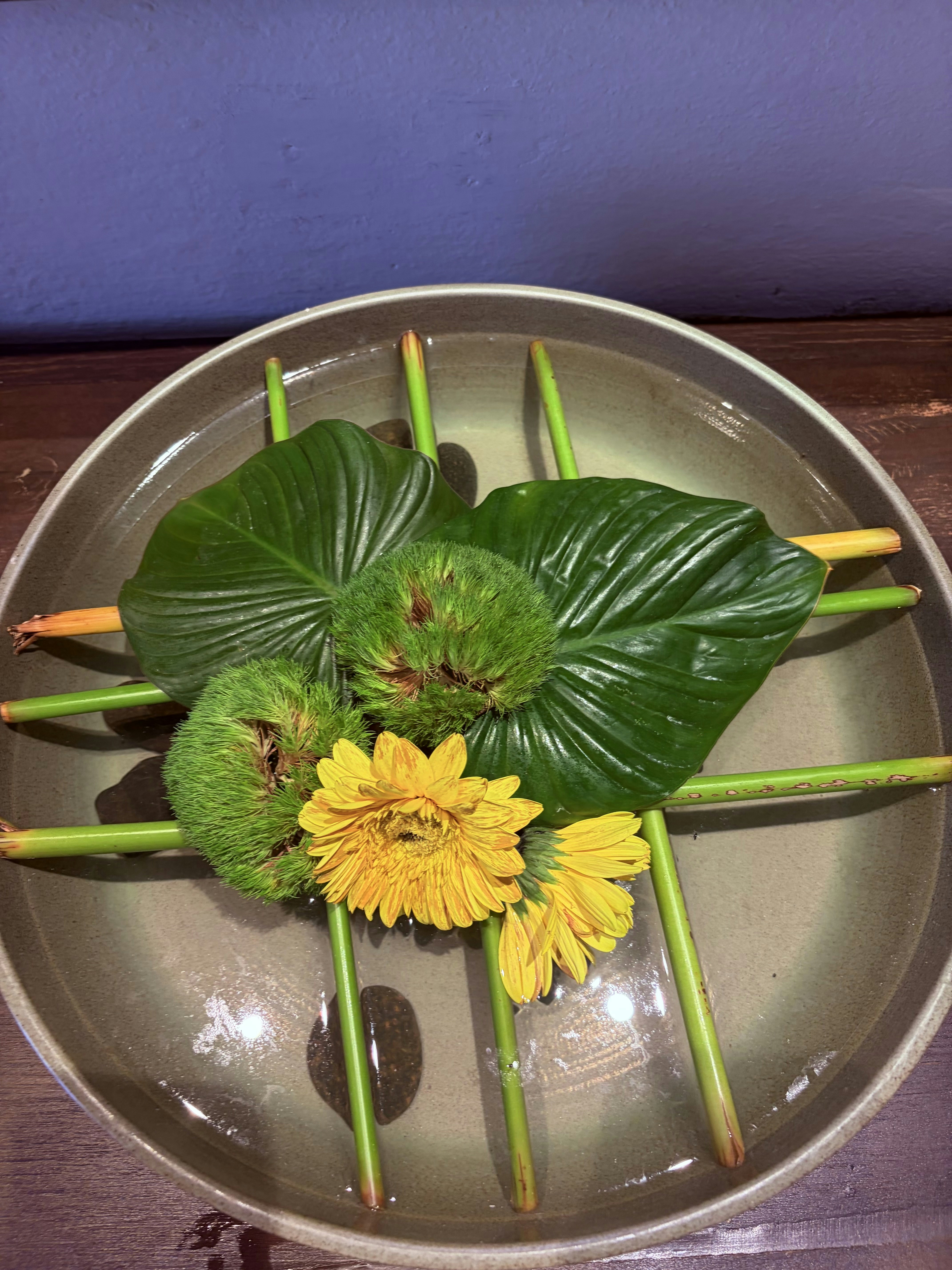 Tigela decorativa com água, folhas verdes, flores amarelas e caules.