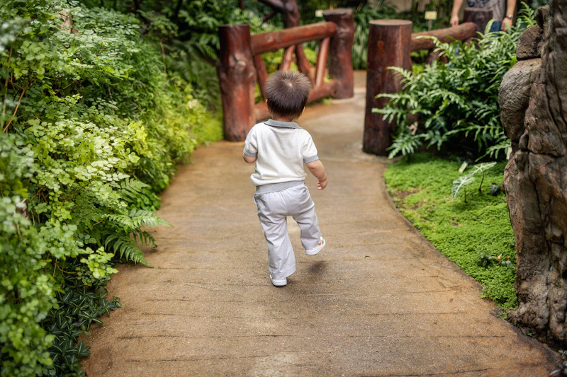 A small child walking along a leafy garden path