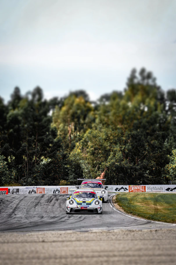 Race cars on a track with a forest backdrop.