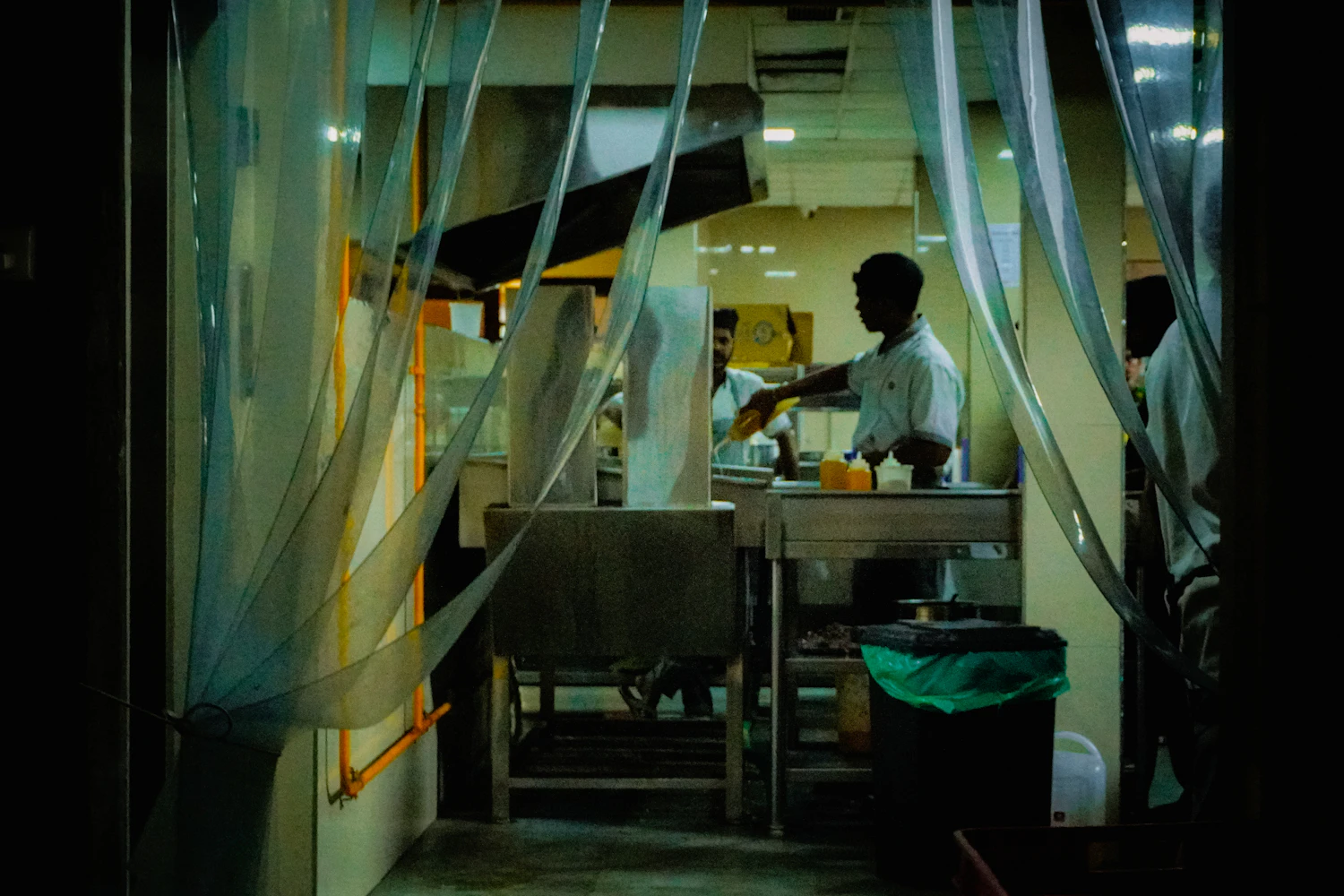 Commercial kitchen viewed through strip curtains