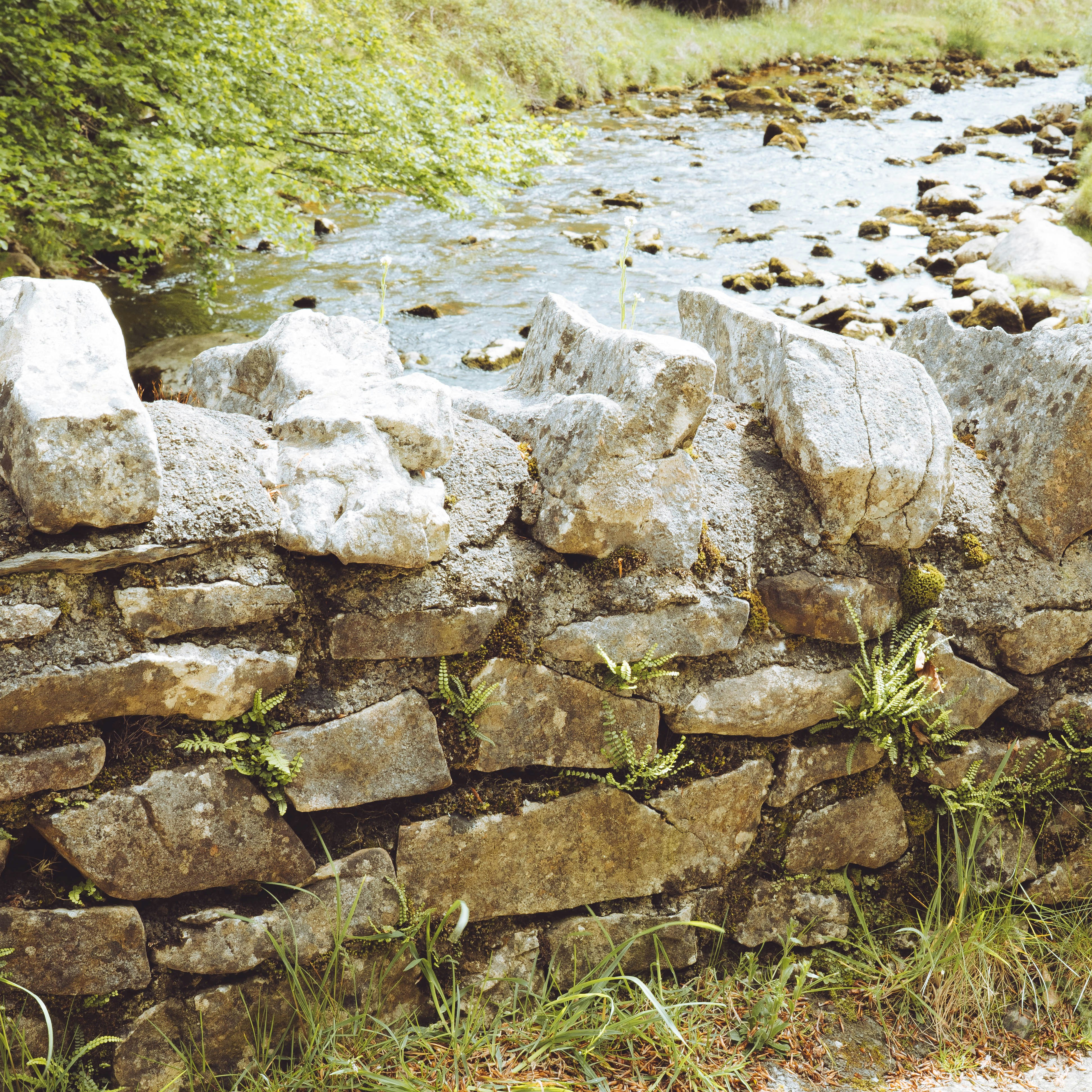 A rustic stone wall stands beside a flowing stream