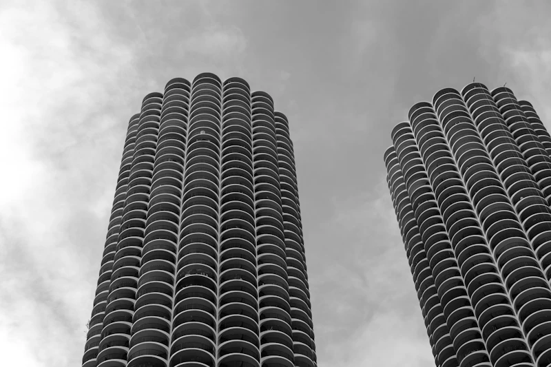 Low-angle view of Marina City's cylindrical corncob towers against the sky