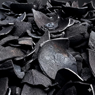 Dark, irregular pieces of coconut shell charcoal.