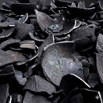 Dark, irregular pieces of coconut shell charcoal.