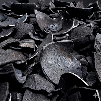 Dark, irregular pieces of coconut shell charcoal.