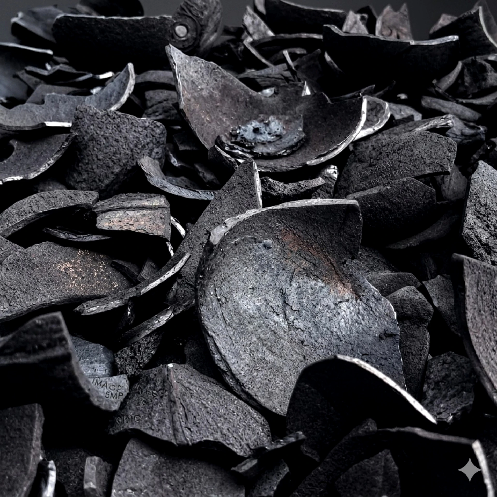 Dark, irregular pieces of coconut shell charcoal
