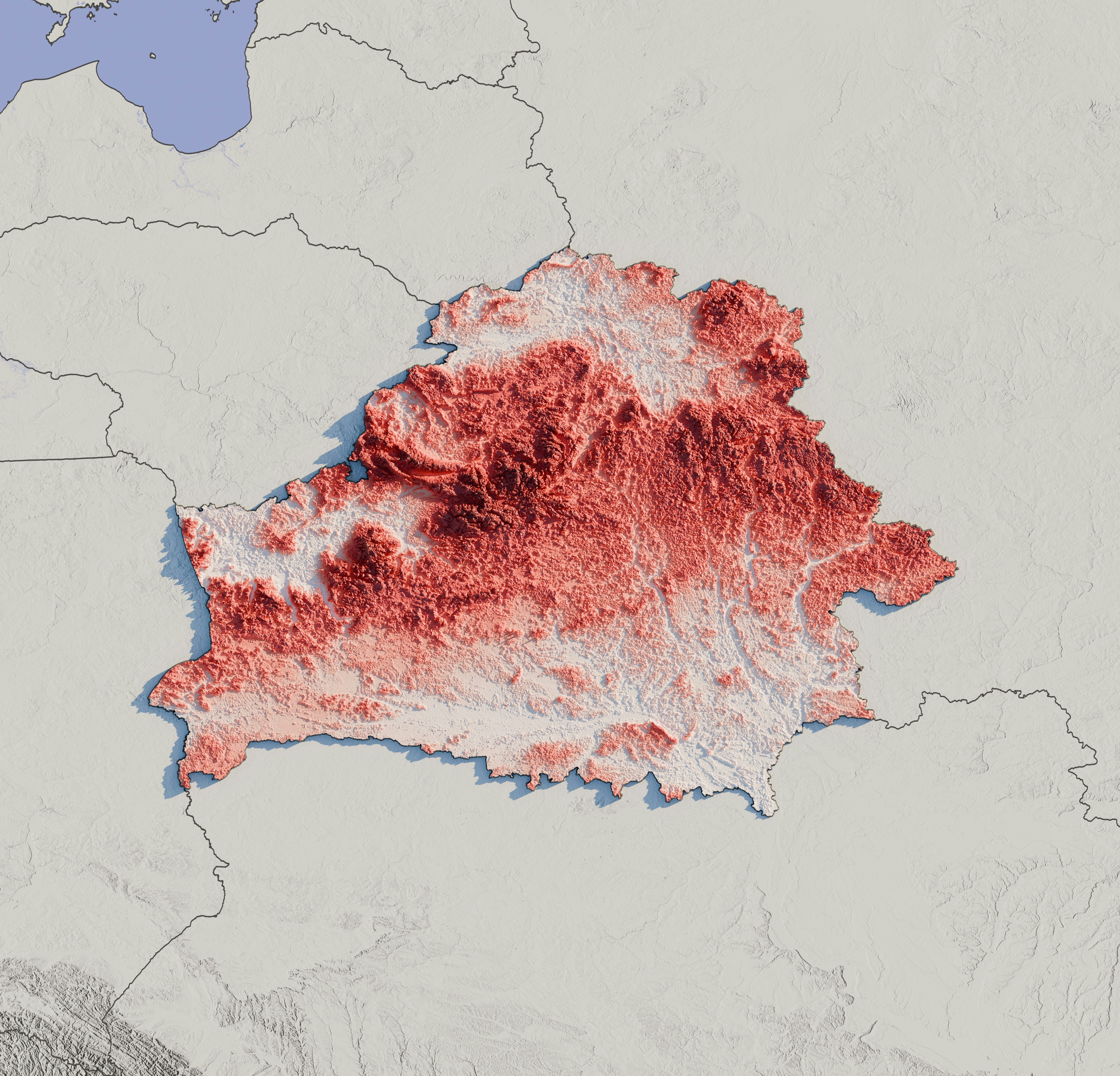 A detailed relief map of belarus showing elevation in red.