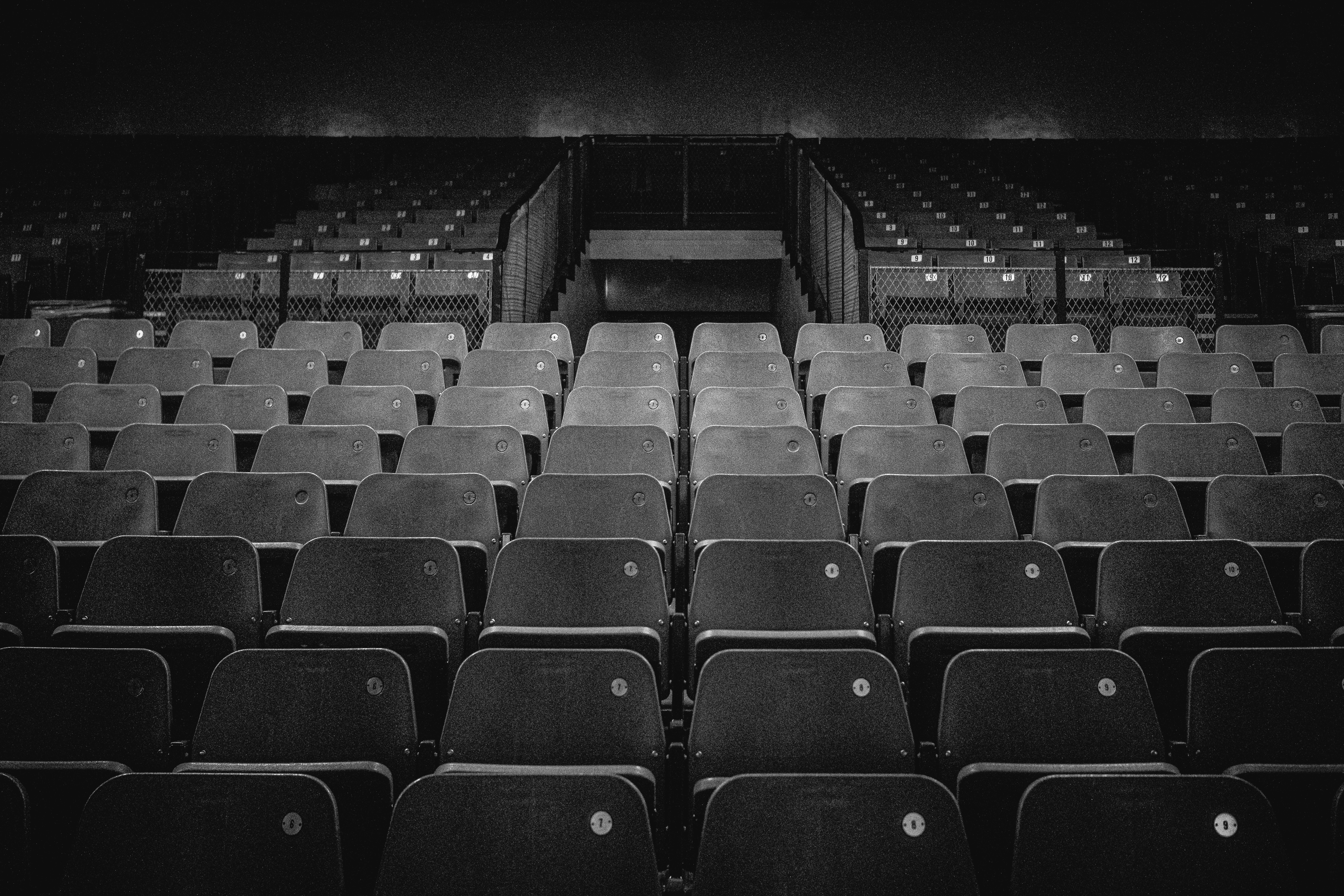 Empty rows of seats in a dark auditorium.