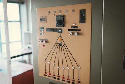 An old, beige control panel with buttons, dials, and lights.