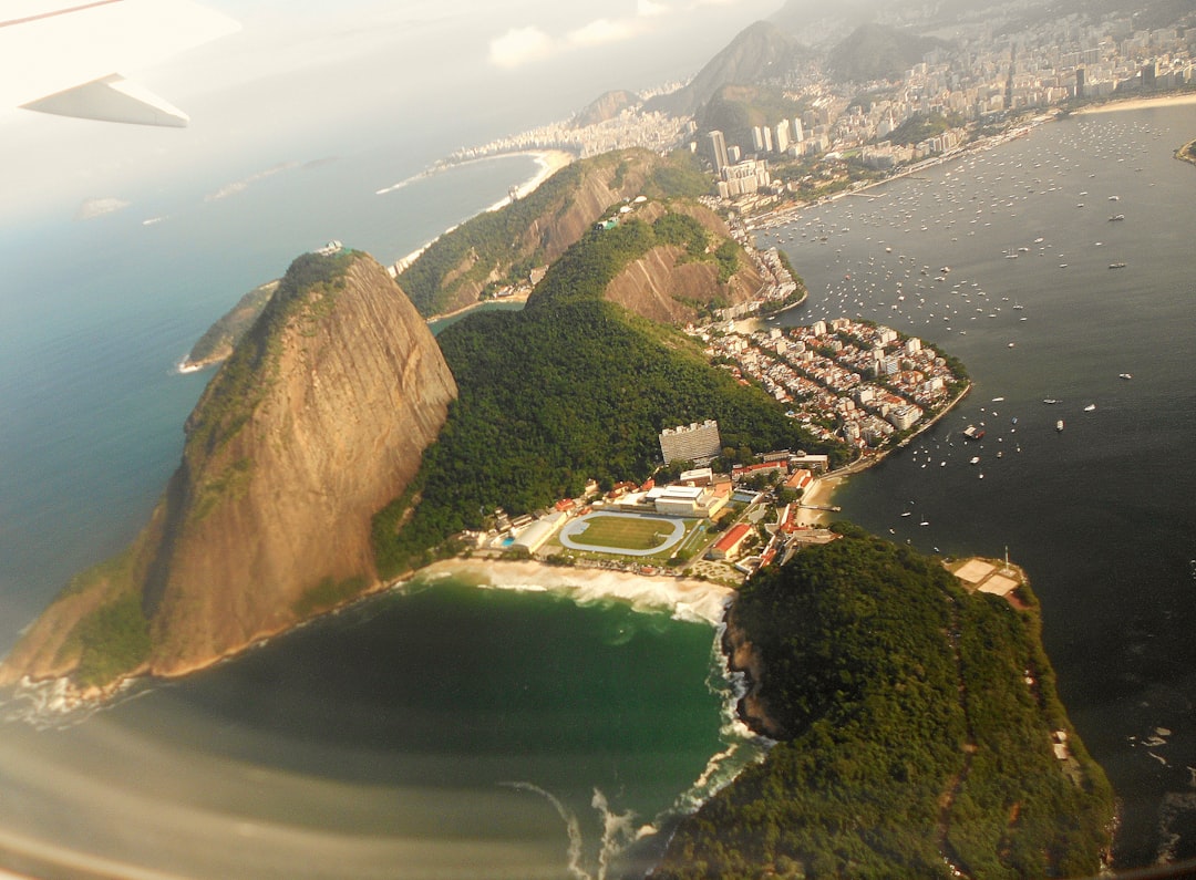 Rio de janeiro's iconic sugarloaf mountain and coastline from above.