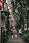 People and dogs walk a historic street with american flags.