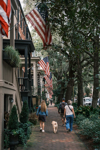 People and dogs walk a historic street with american flags.