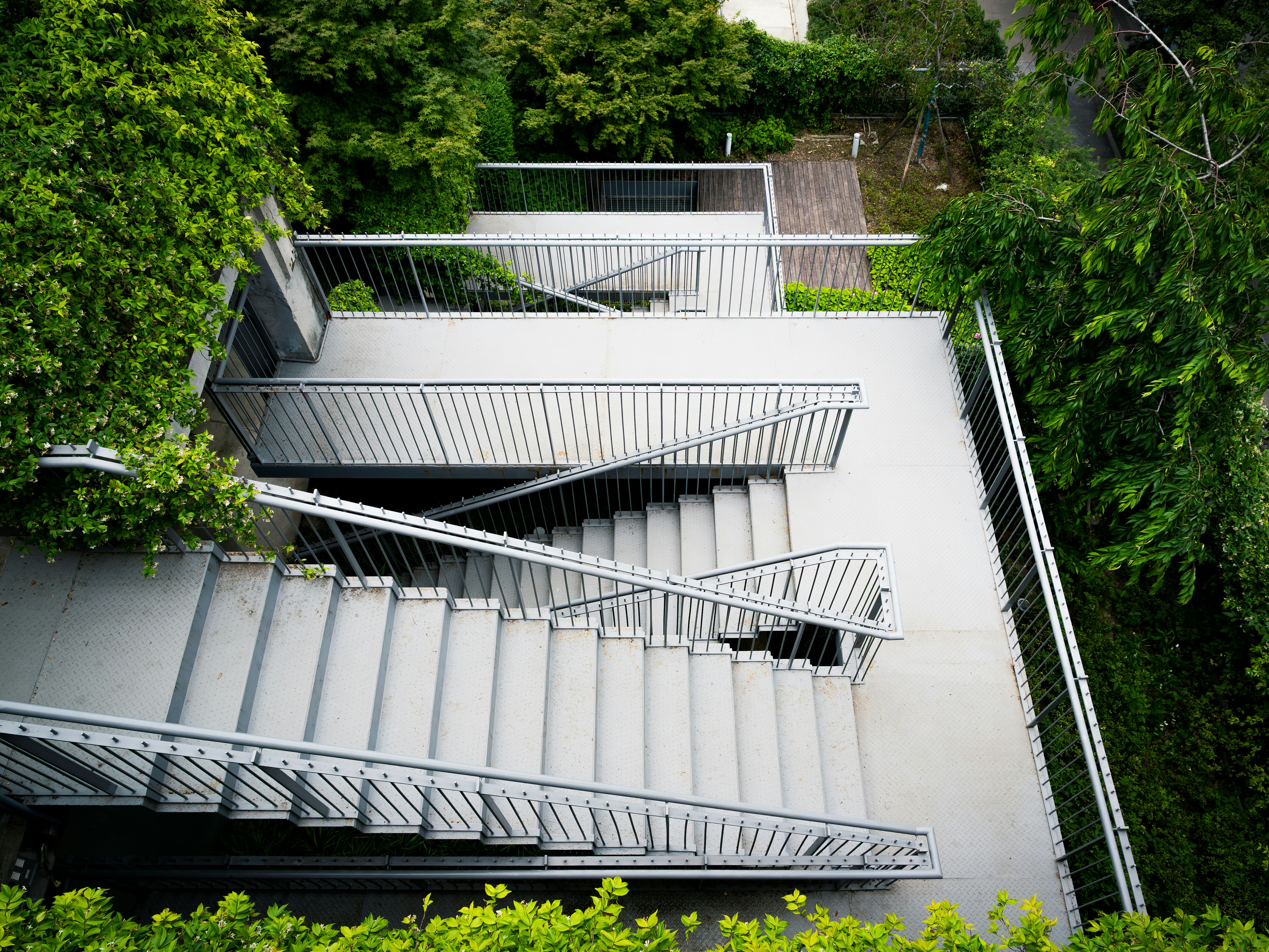 Modern outdoor staircase winding down through green foliage.